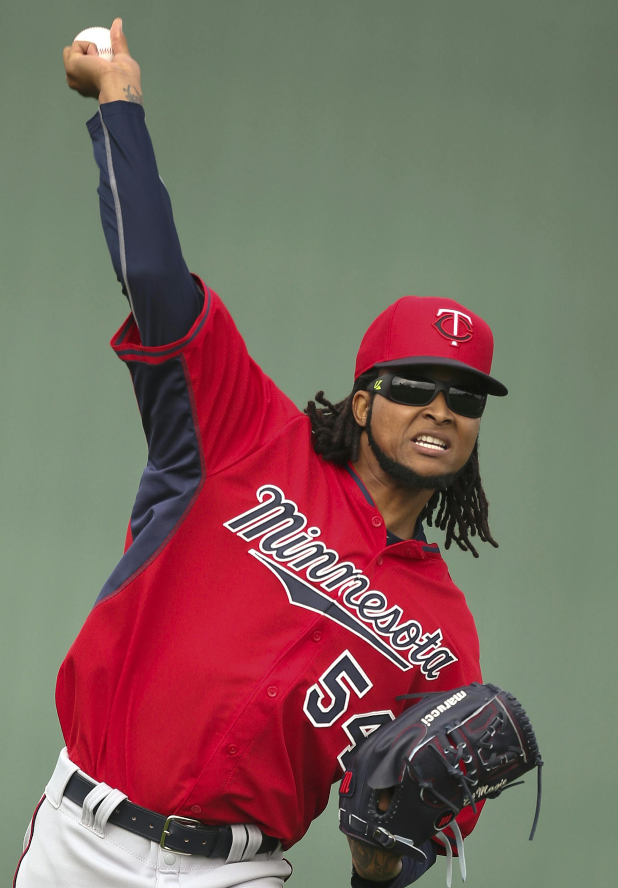 Twins pitcher Ervin Santana played catch to warm up at the start of practice Tuesday morning at Hammond Stadium. ] JEFF WHEELER Ô jeff.wheeler@startribune.com Twins pitchers and catchers continued their workouts Tuesday morning, February 24, 2015 at Hammond Stadium in Fort Myers, FL. ORG XMIT: MIN1502241552063800 ORG XMIT: MIN1502261821084832