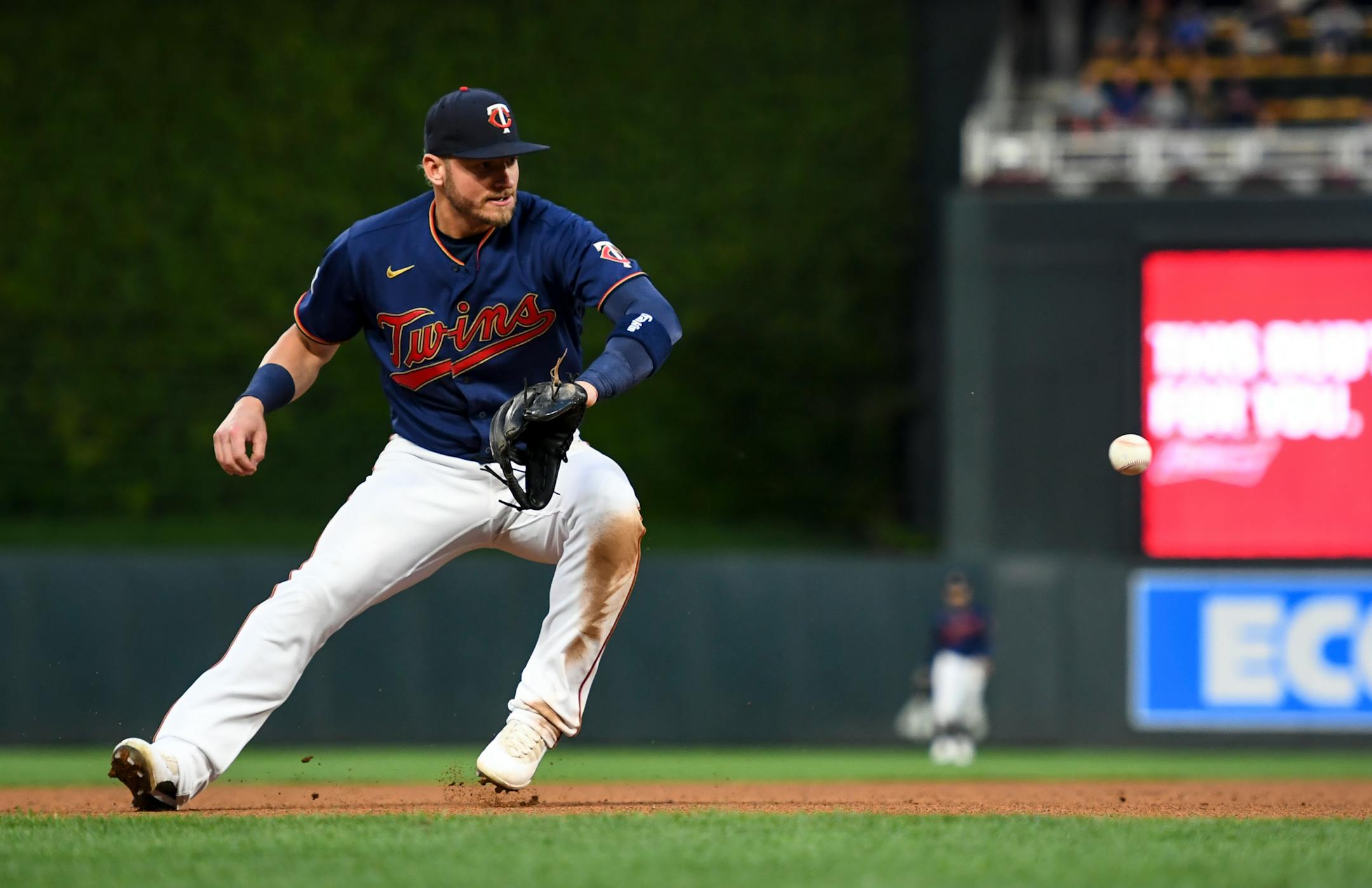 Detroit Tigers third baseman Niko Goodrum (28) grounded out to Minnesota Twins third baseman Josh Donaldson (20) in the top of the seventh inning.