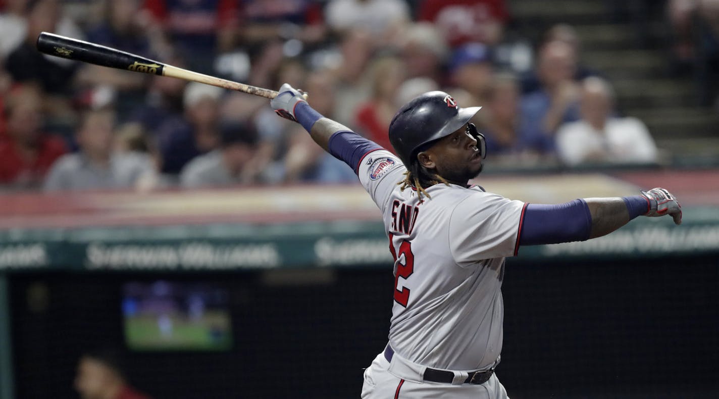 Minnesota Twins' Miguel Sano watches his solo home run during the ninth inning of a baseball game against the Cleveland Indians, Wednesday, Aug. 8, 2018, in Cleveland. The Indians won 5-2. (AP Photo/Tony Dejak)