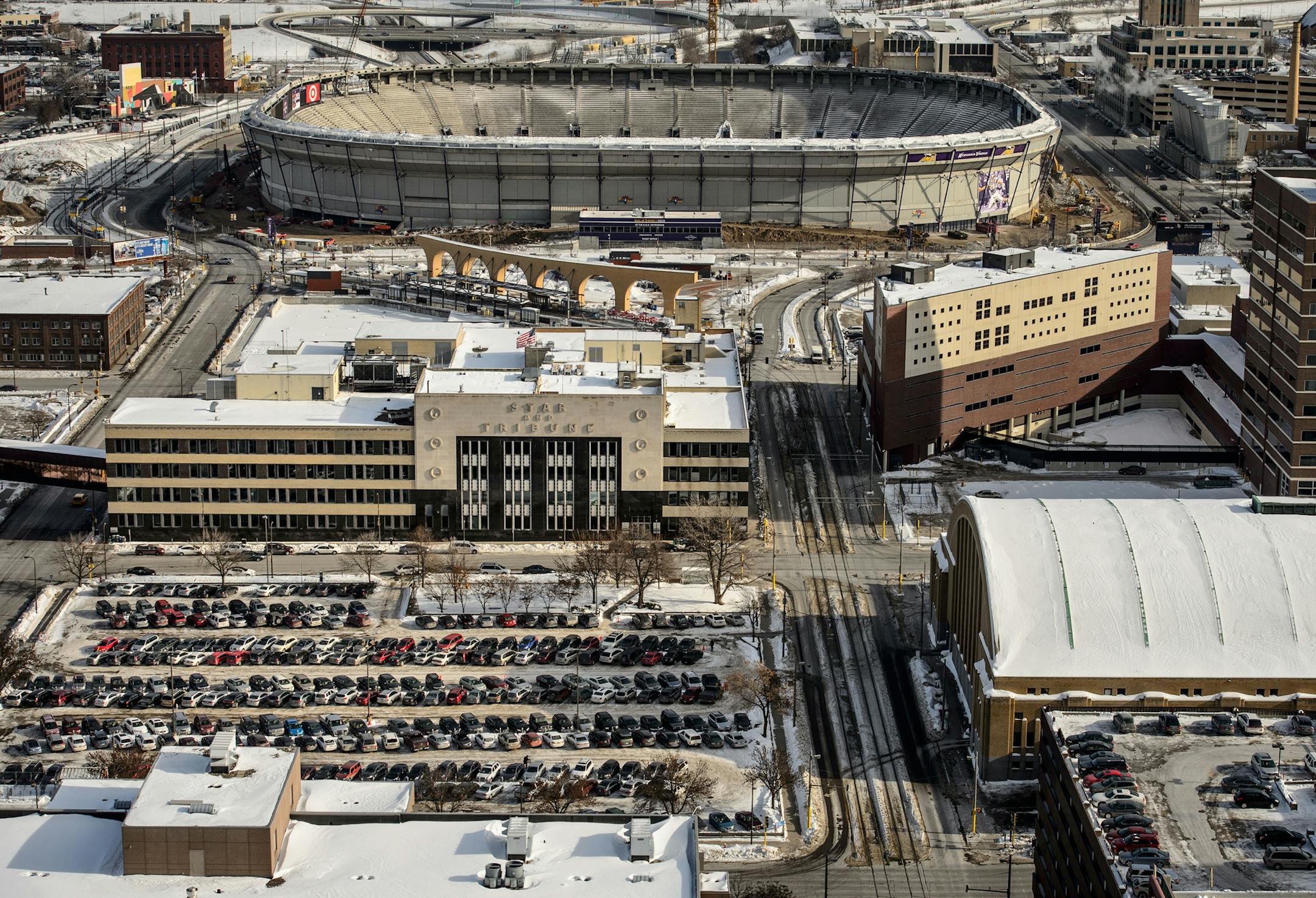 Star Tribune building and surrounding land near the Metrodome which is undergoing demolition to make way for a new stadium. Tuesday, February 11, 2014 ] GLEN STUBBE * gstubbe@startribune.com ORG XMIT: MIN1402111625570237