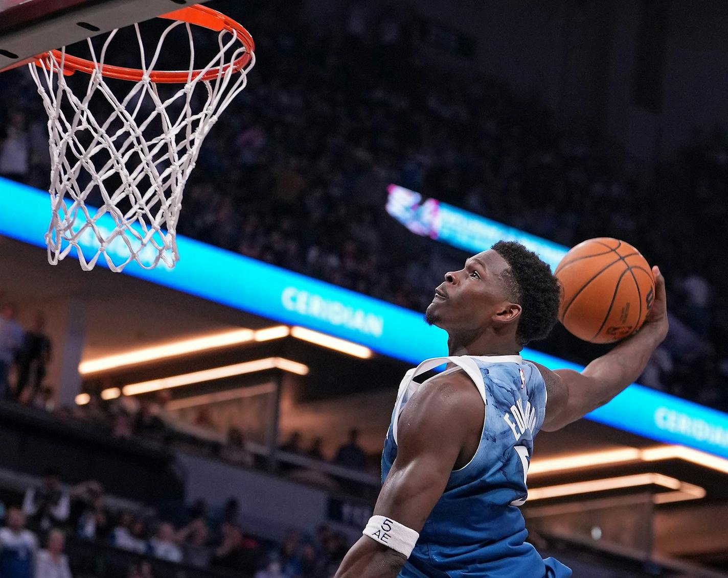 Minnesota Timberwolves guard Anthony Edwards (5) dunks during the second half of the game between the Minnesota Timberwolves and the Utah Jazz at Target Center in Minneapolis, Minn. on Saturday, Nov. 4, 2023. The Minnesota Timberwolves won 123-95. ] LEILA NAVIDI • leila.navidi@startribune.com