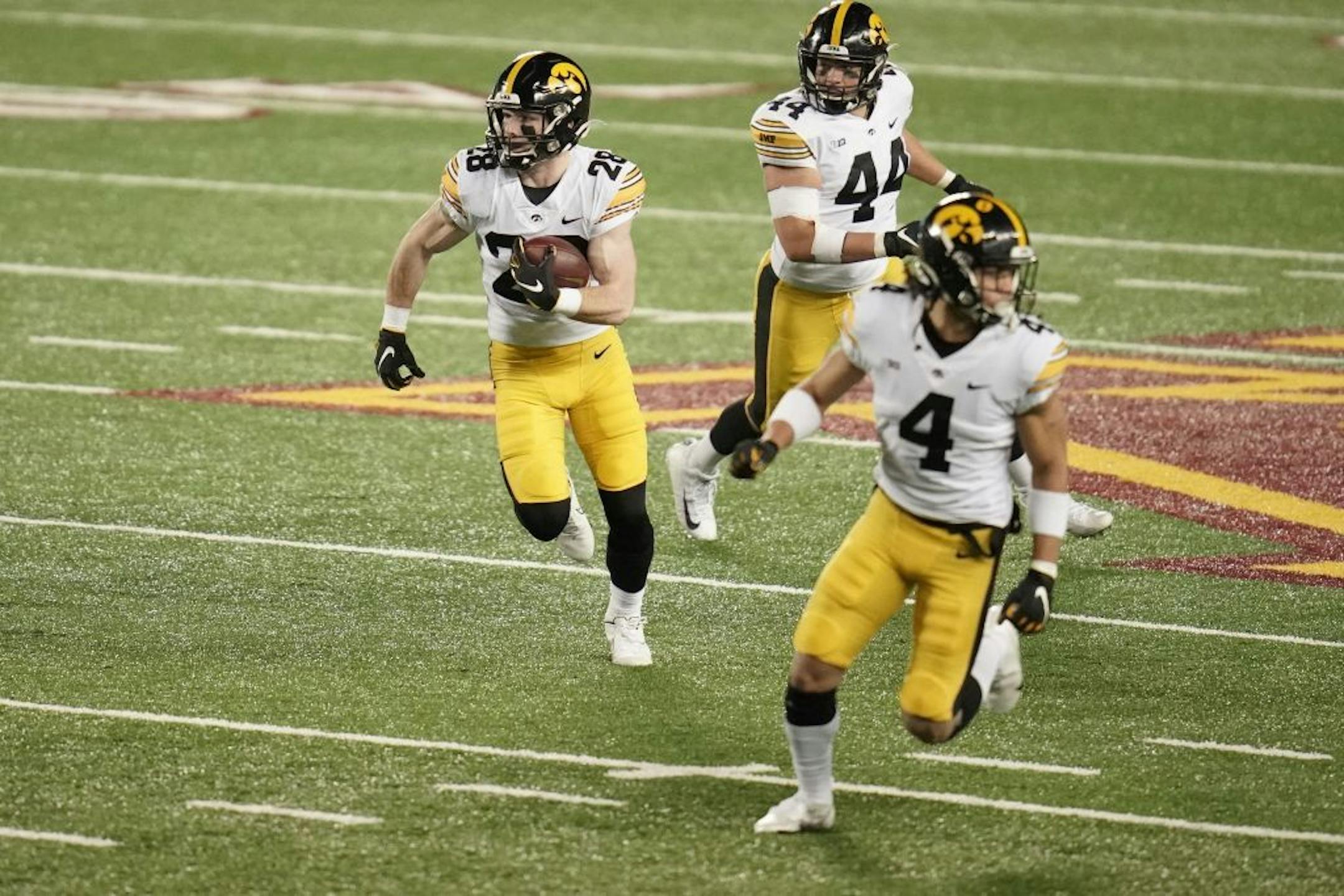 Iowa Hawkeyes defensive back Jack Koerner (28) caught an interception in the second quarter.