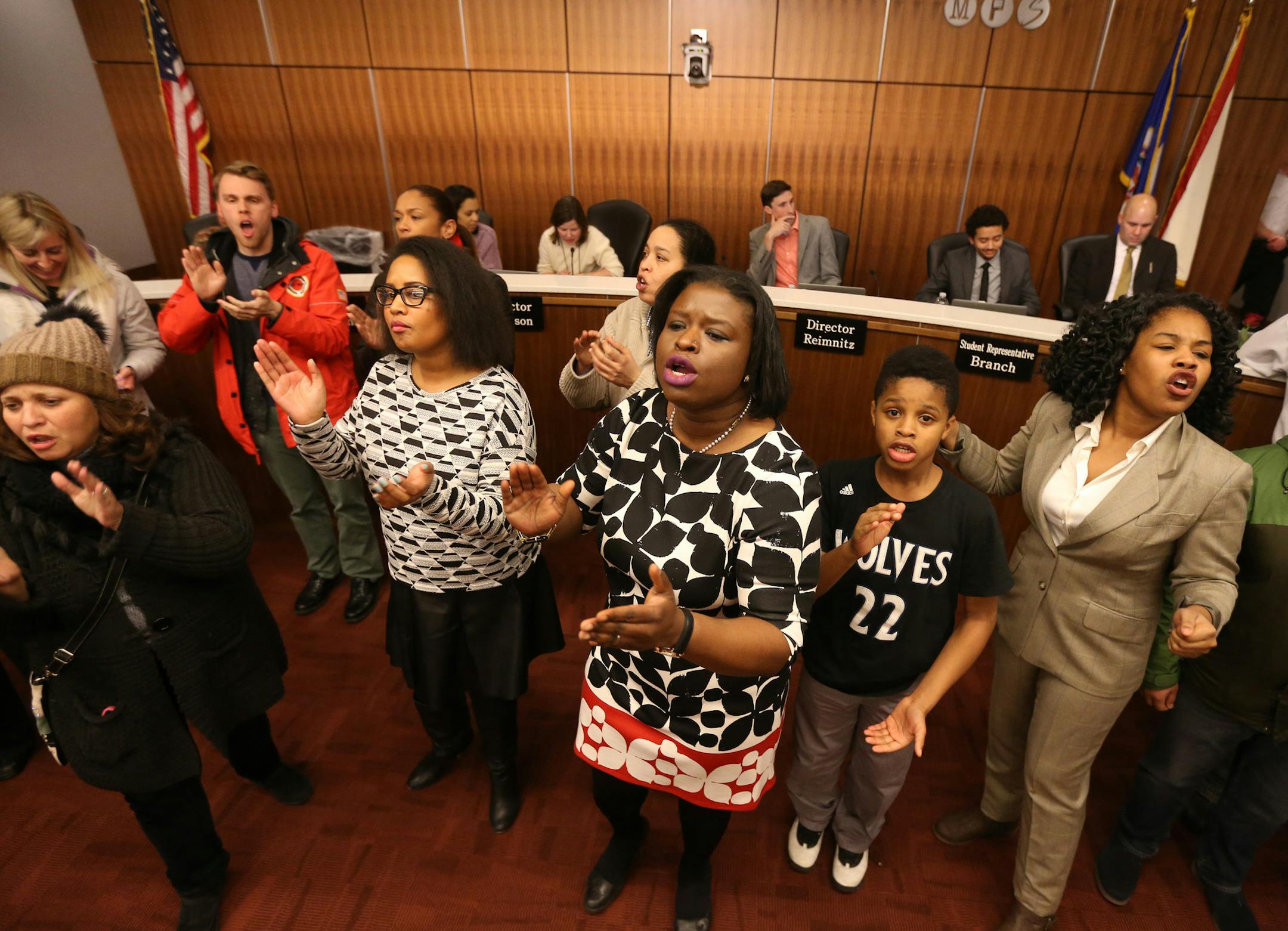 In the midst of a motion to select interim superintendent Michael Goar as the board's preferred candidate, protestors shut down the school board meeting. Tuesday January 12, 2016 in Minneapolis, MN. ] The Minneapolis school board will decide the fate of Sergio Paez, the man they selected to the lead the district. Jerry Holt/Jerry.Holt@Startribune.com