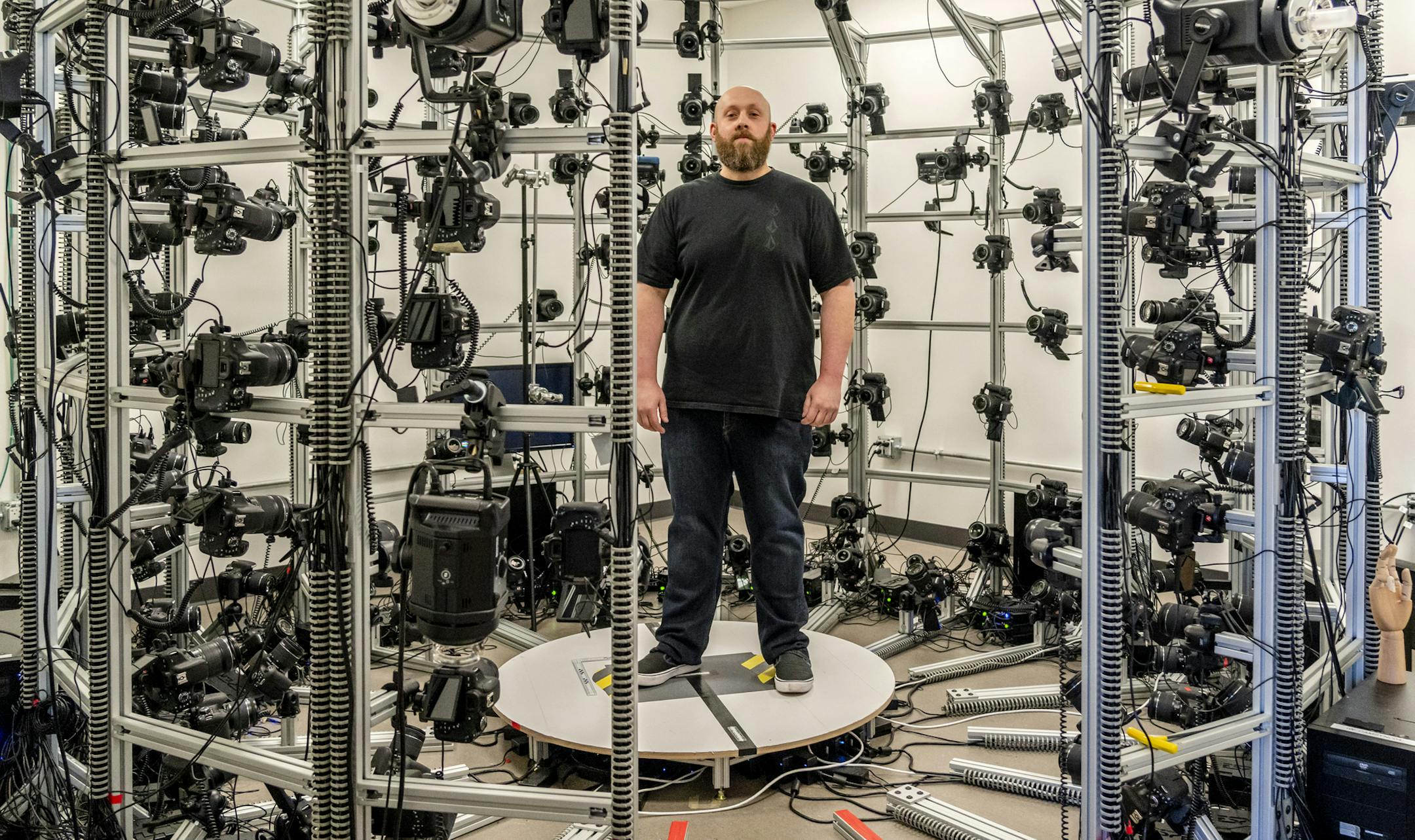 Bernardo Antnizzi, principal technical artist for the "Call of Duty" series, poses for a portrait on Aug. 29, 2019, in the photogrammetry room he designed at the Infinity Ward office in Woodland Hills, California. MUST CREDIT: Photo for The Washington Post by Philip Cheung