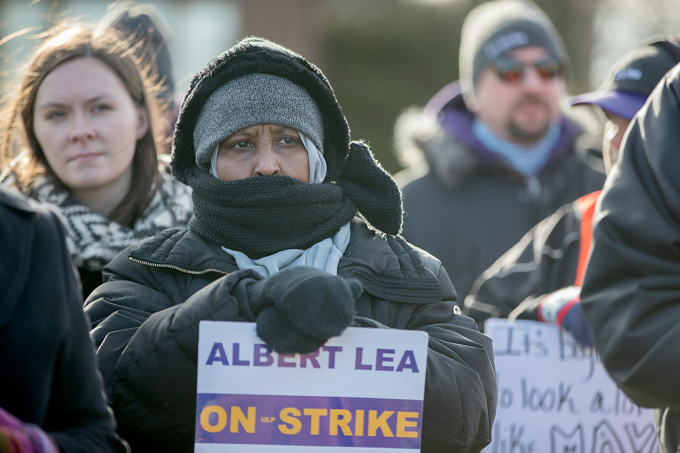 SEIU workers braved the cold wind as they staged a one-day strike at Mayo's hospital, Tuesday, December 19, 2017 in Albert Lea, MN. The strike is part of the ongoing labor-community uprising against Mayo's consolidation of its southern Minnesota hospitals.