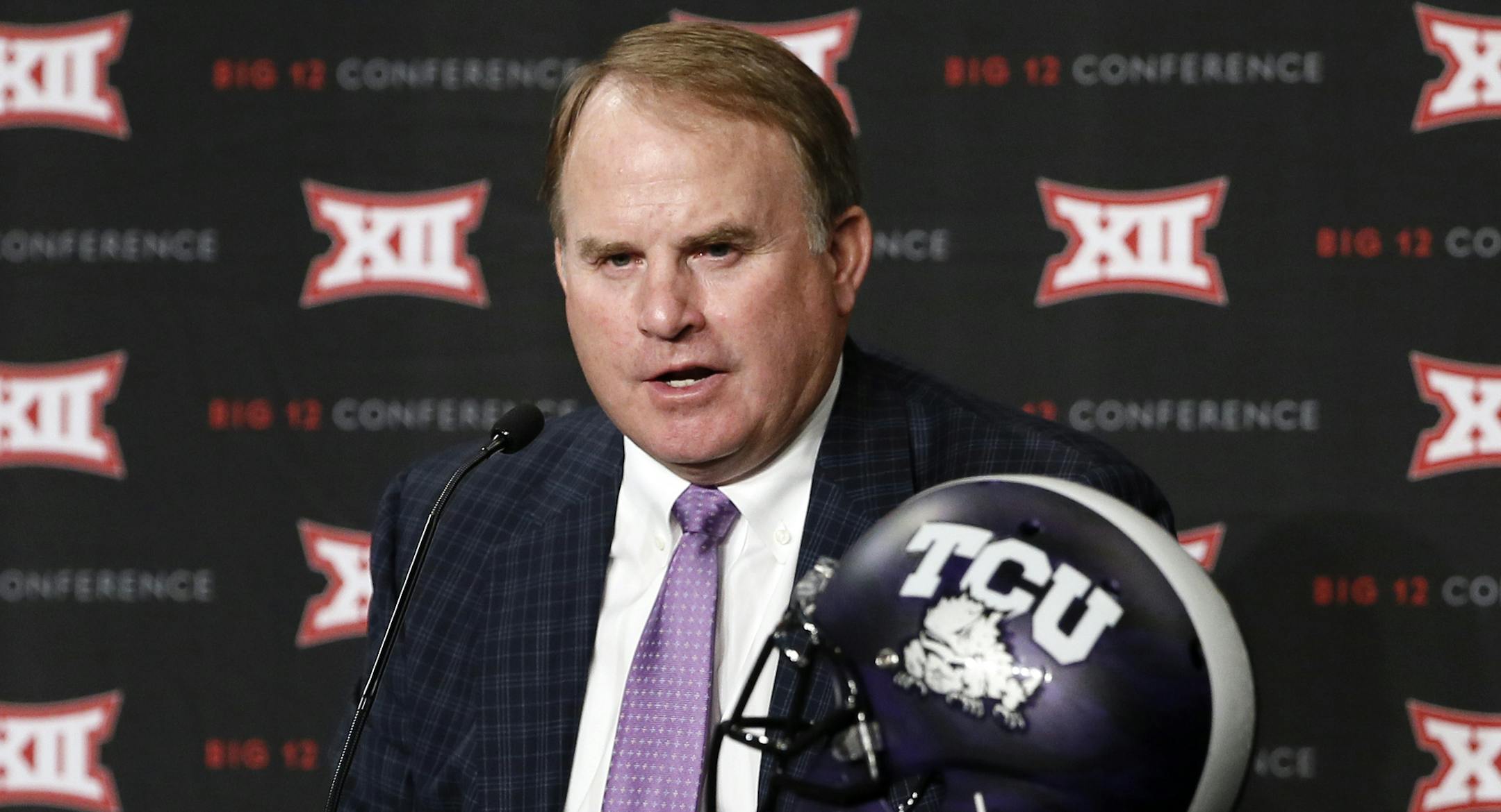TCU head football coach Gary Patterson responds to questions from reporters at Big 12 Conference Football Media Days Monday, July 20, 2015, in Dallas. (AP Photo/Tony Gutierrez)