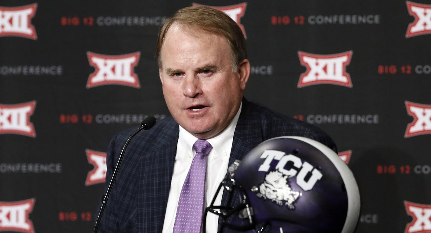 TCU head football coach Gary Patterson responds to questions from reporters at Big 12 Conference Football Media Days Monday, July 20, 2015, in Dallas. (AP Photo/Tony Gutierrez)