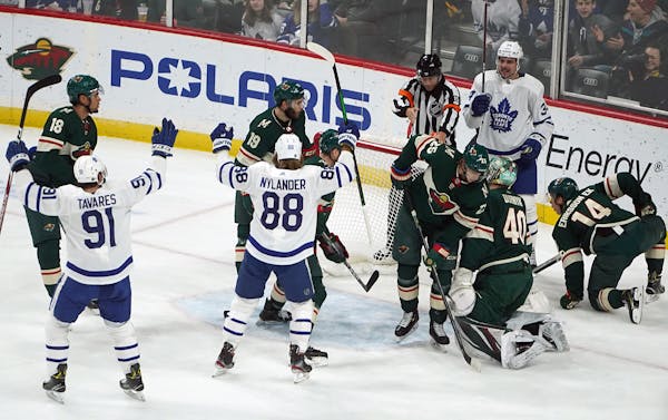 The Maple Leafs celebrate their second goal of the game.