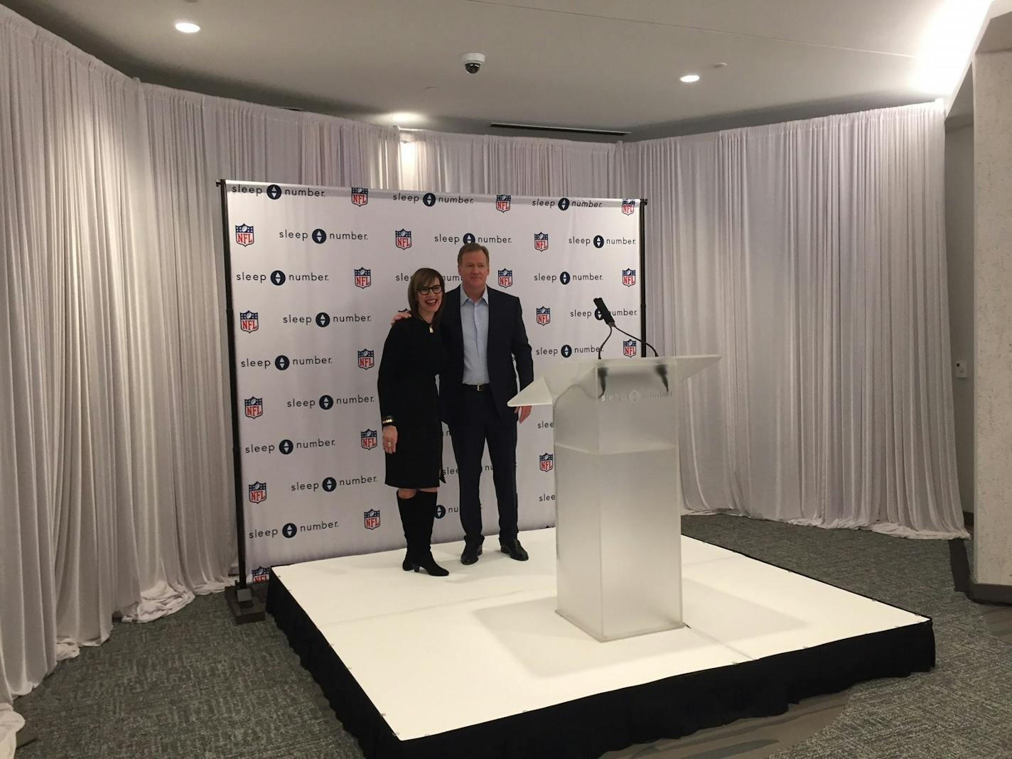 Sleep Number CEO Shelly Ibach and NFL Commissioner Roger Goodell announce partnership on Thursday.