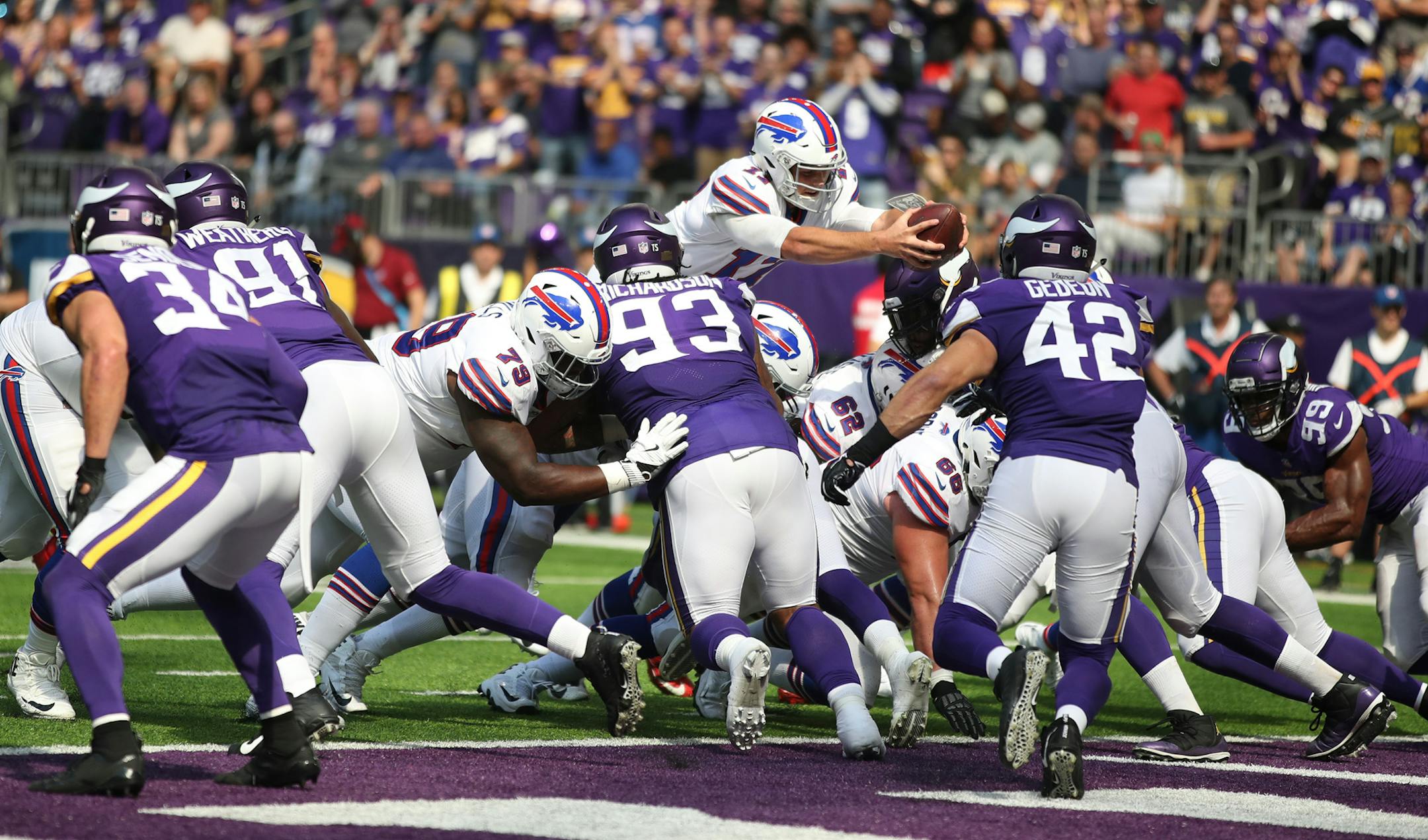 Buffalo Bills quarterback Josh Allen (17) scored on a quarterback sneak in the second quater US Bank Stadium Sunday September 23, 2018 in Minneapolis, MN. ] JERRY HOLT ï jerry.holt@startribune.com