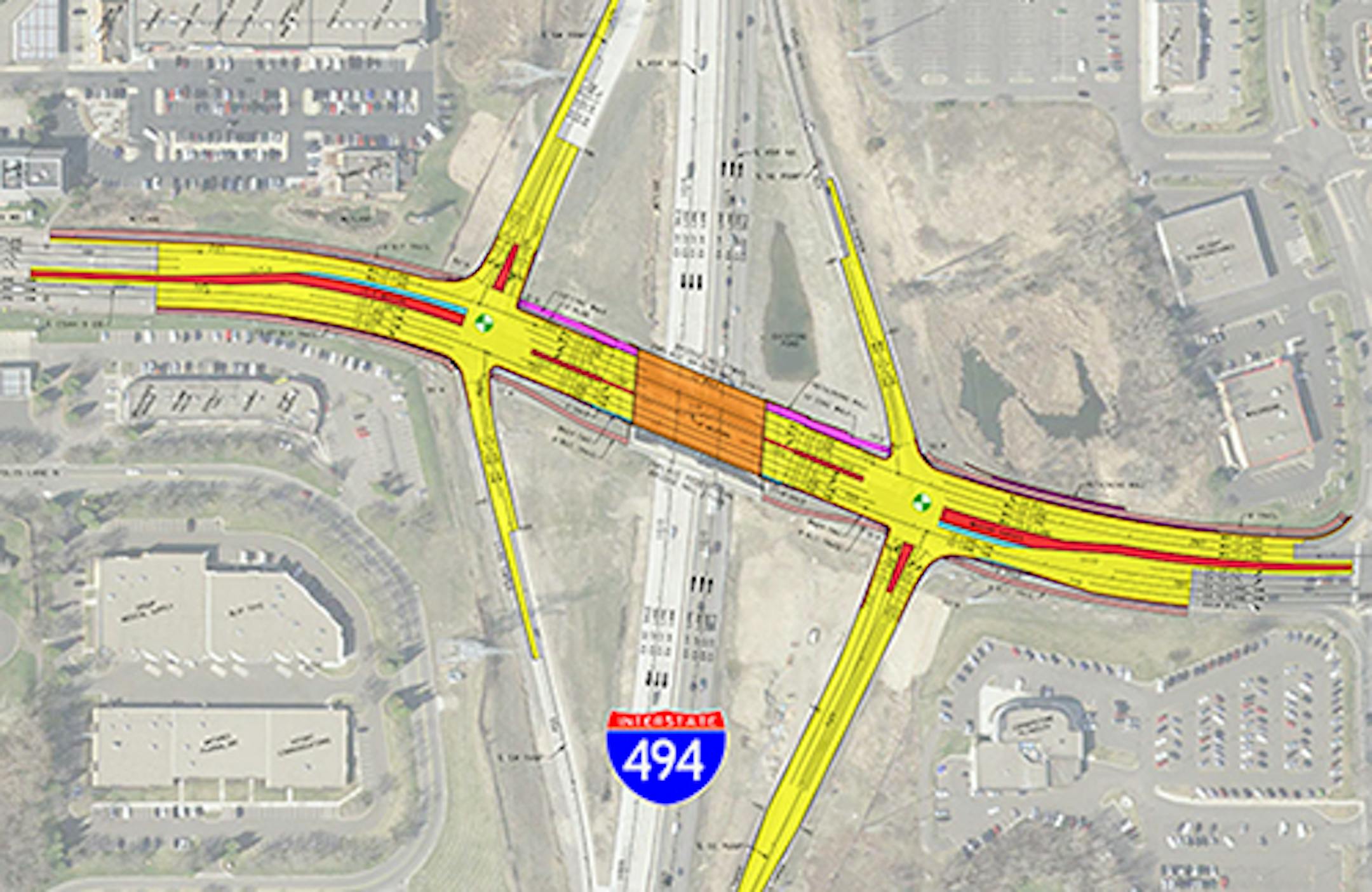 The plans for the new Rockford Road overpass at I-494 will feature two traffic lanes and both directions and dual left turn lanes at interchanges on each end of the bridge. The new bridge is expected to improve traffic flow.