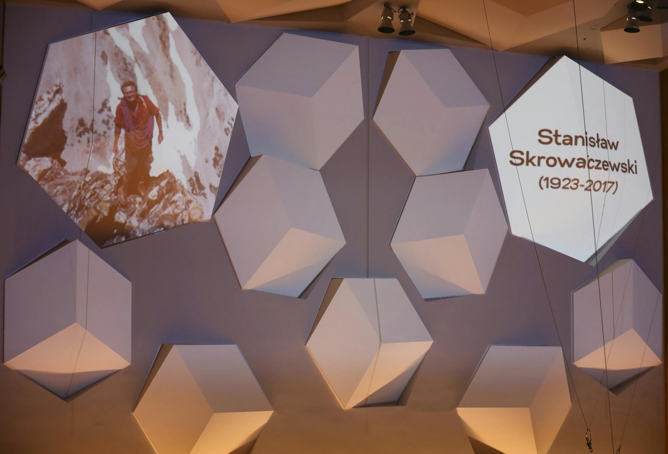 An image of Stanislaw Skrowaczewski summiting Grand Teton peak in Wyoming was projected onto one of the "cubes" that reflect sound in Orchestra Hall, which was built while the orchestra was under Skrowaczewski's leadership.