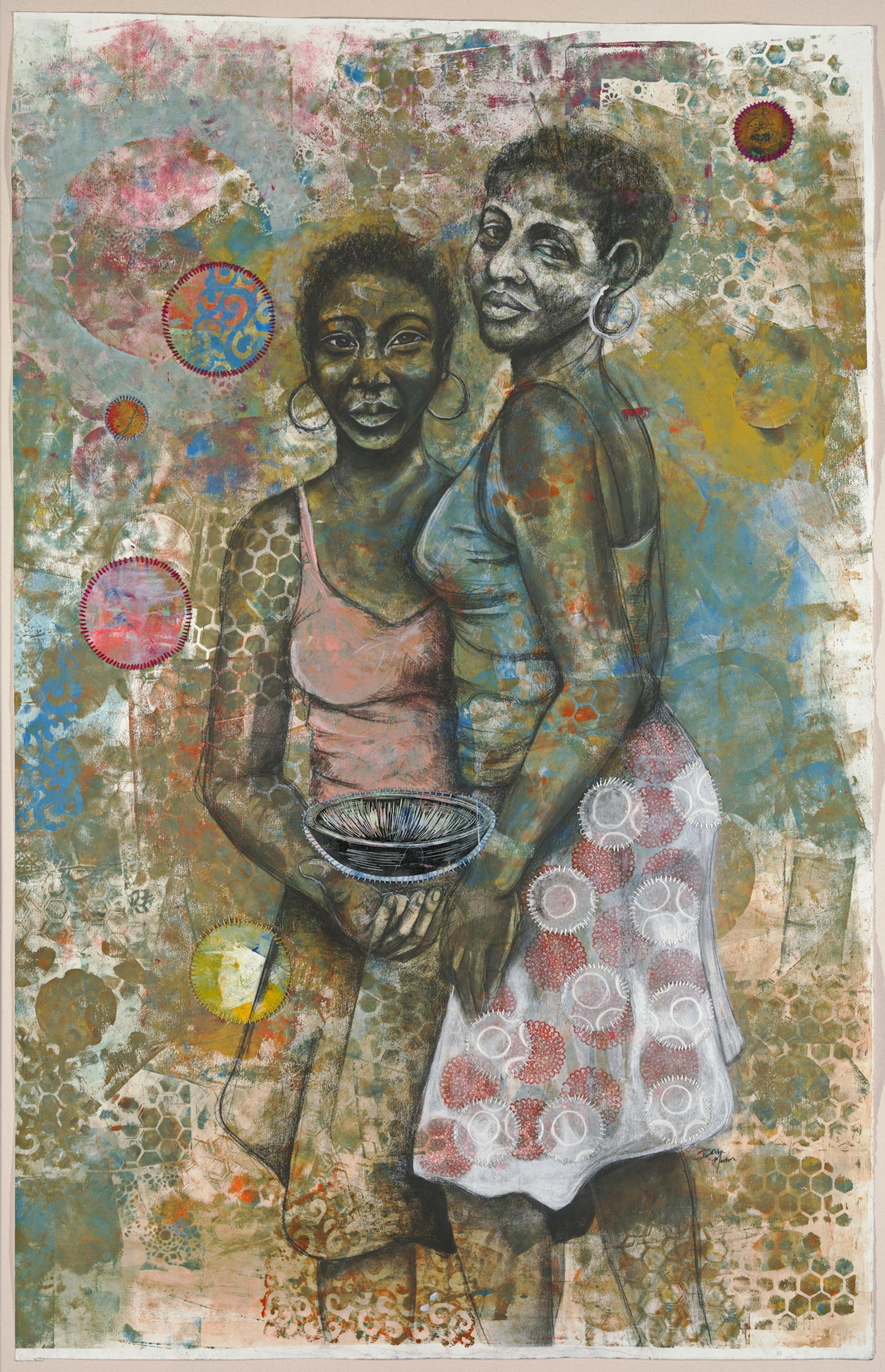 Delita Martin of Little Rock uses mixed media, including block print and stitching, in her powerful portrait “Sisters.”