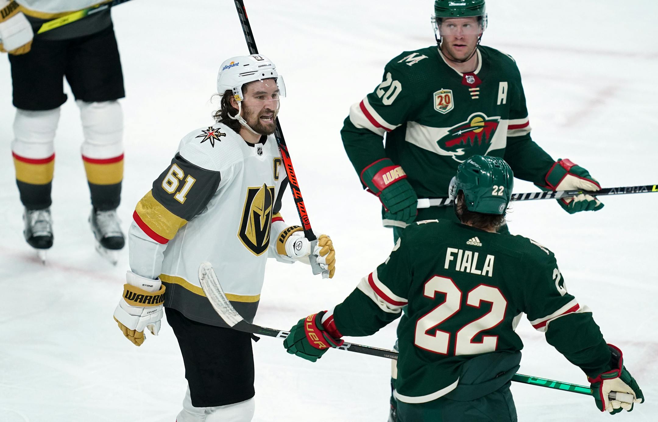 Golden Knights right wing Mark Stone (61) and Wild left wing Kevin Fiala (22) traded words in the third period. ] ANTHONY SOUFFLE • anthony.souffle@startribune.com