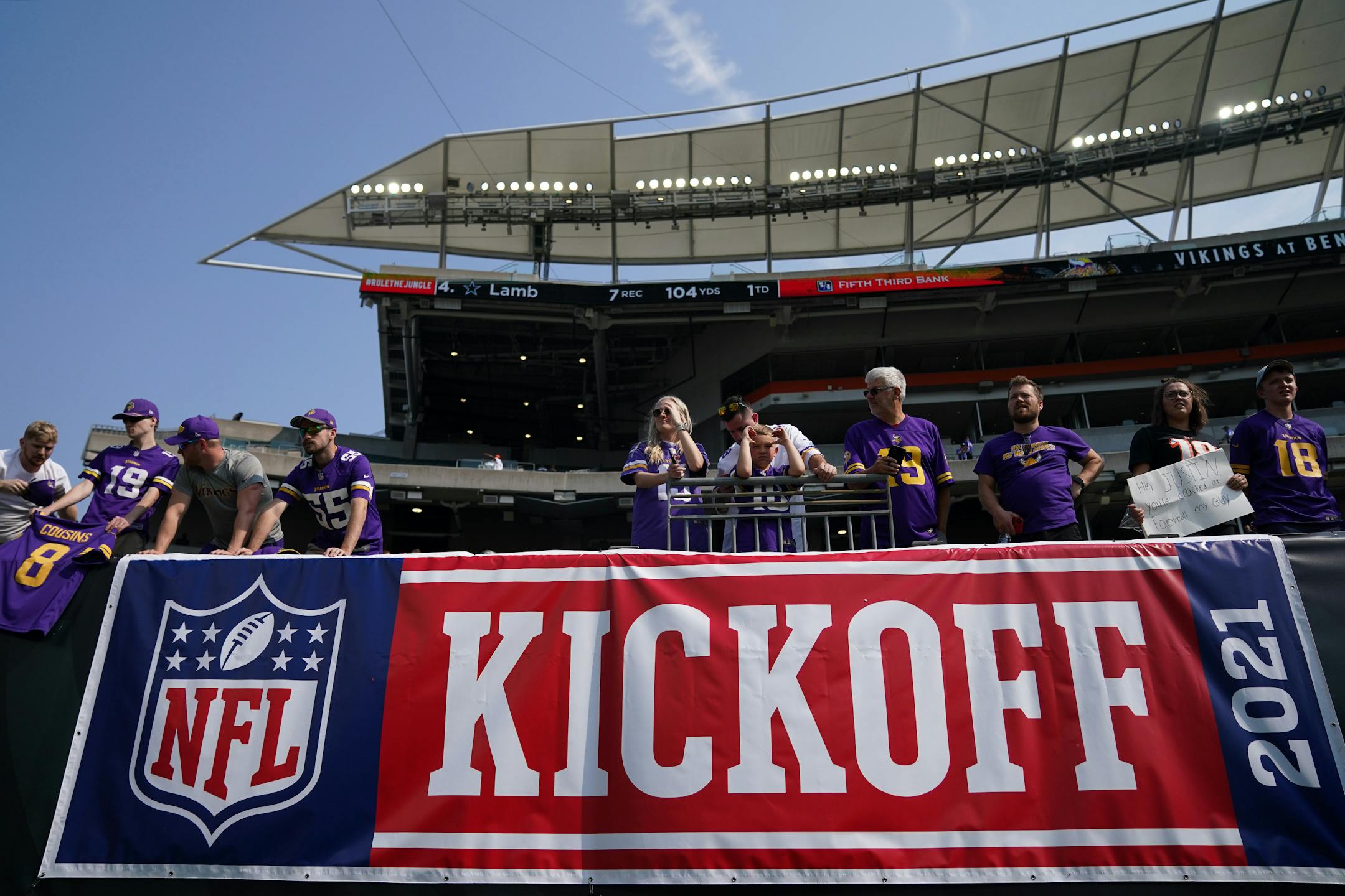 Minnesota Vikings fans watched from the stands as the Vikings warmed up on the field ahead of Sunday's game against the Cincinnati Bengals.