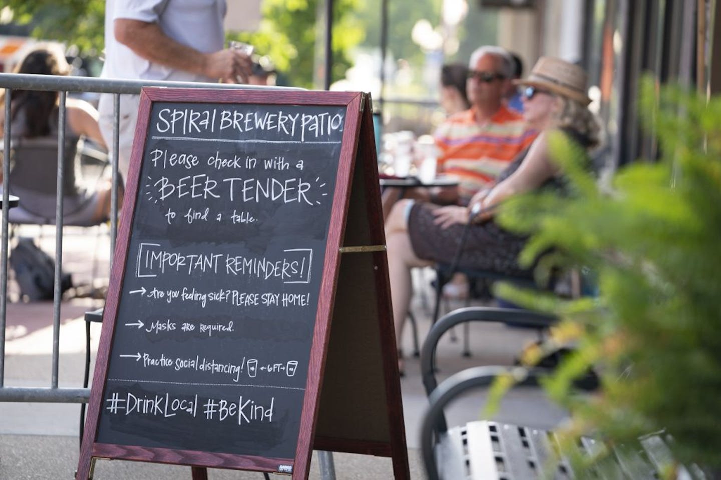 A sign outside Spiral Brewery on a block of street in downtown Hastings, Minn., on Friday, July 24, 2020.