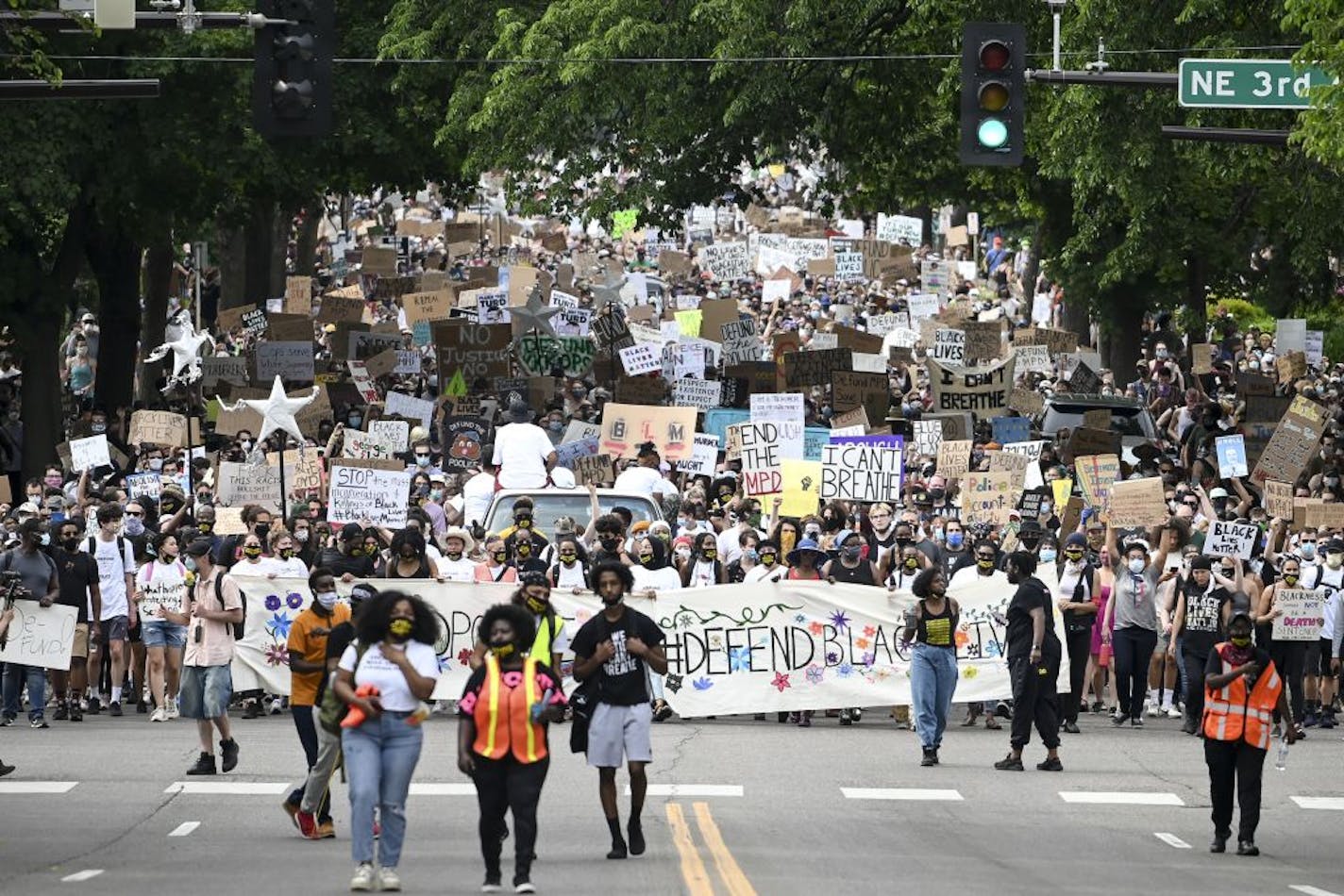 Thousands of protesters marched to Mayor Jacob Frey's house in northeast Minneapolis on Saturday, June 6, to demand the city defund the Police Department.