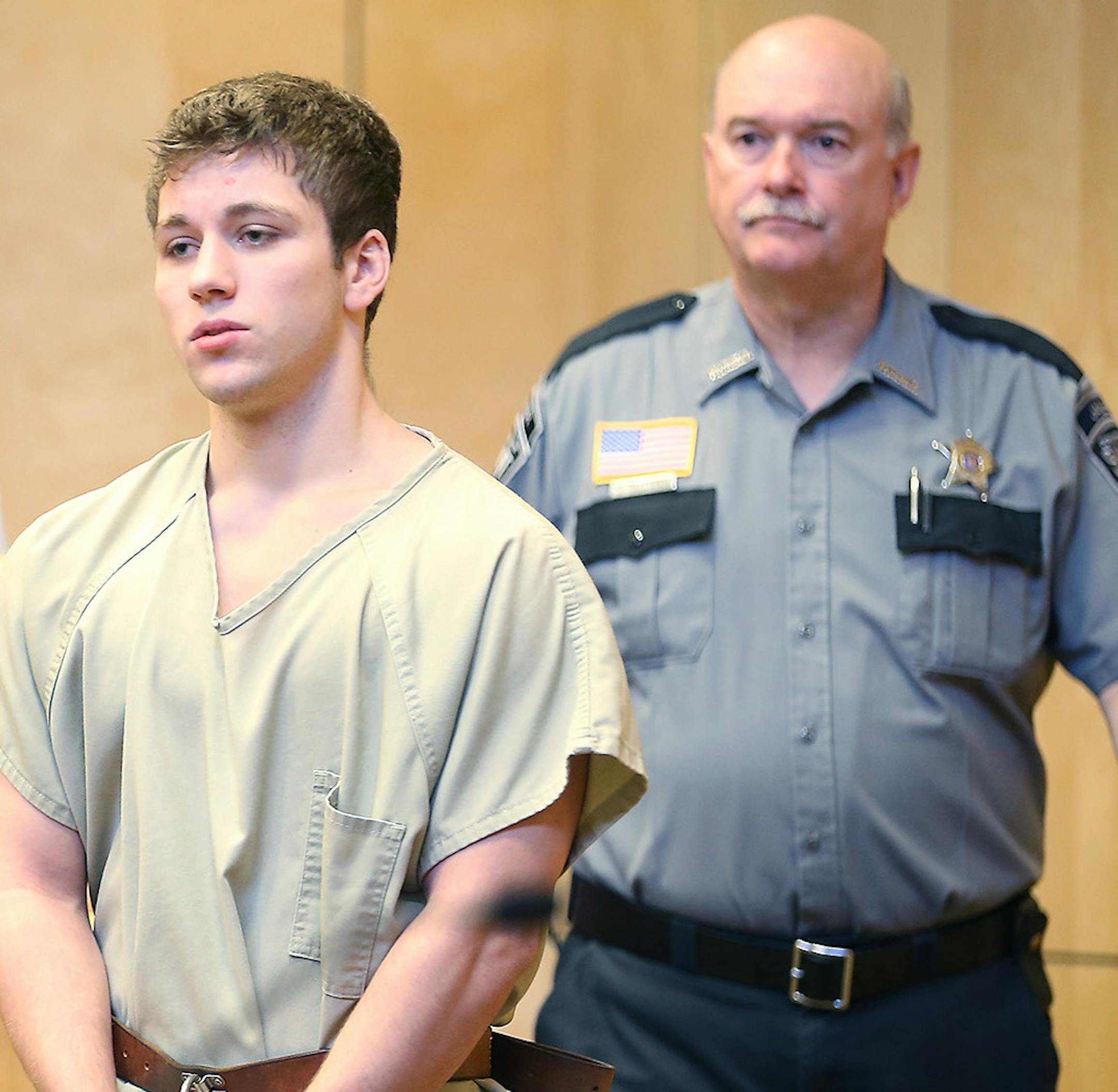 Minnesotan Levi Acre-Kendall made his way into court as Judge Molly E. GaleWyrick listened to arguments in the case against Acre-Kendall in the April stabbing of Peter Kelly, Wednesday, July 15, 2015 in Balsam Lake, Wis. ] (ELIZABETH FLORES/STAR TRIBUNE) ELIZABETH FLORES • eflores@startribune.com