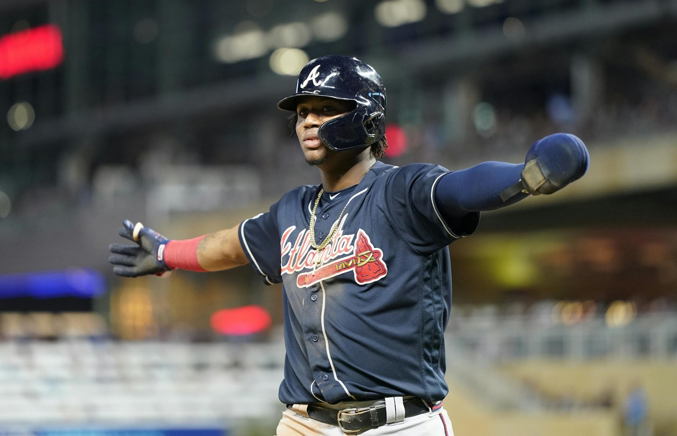 Atlanta Braves right fielder Ronald Acuna Jr. (13) celebrates scoring in the sixth inning.