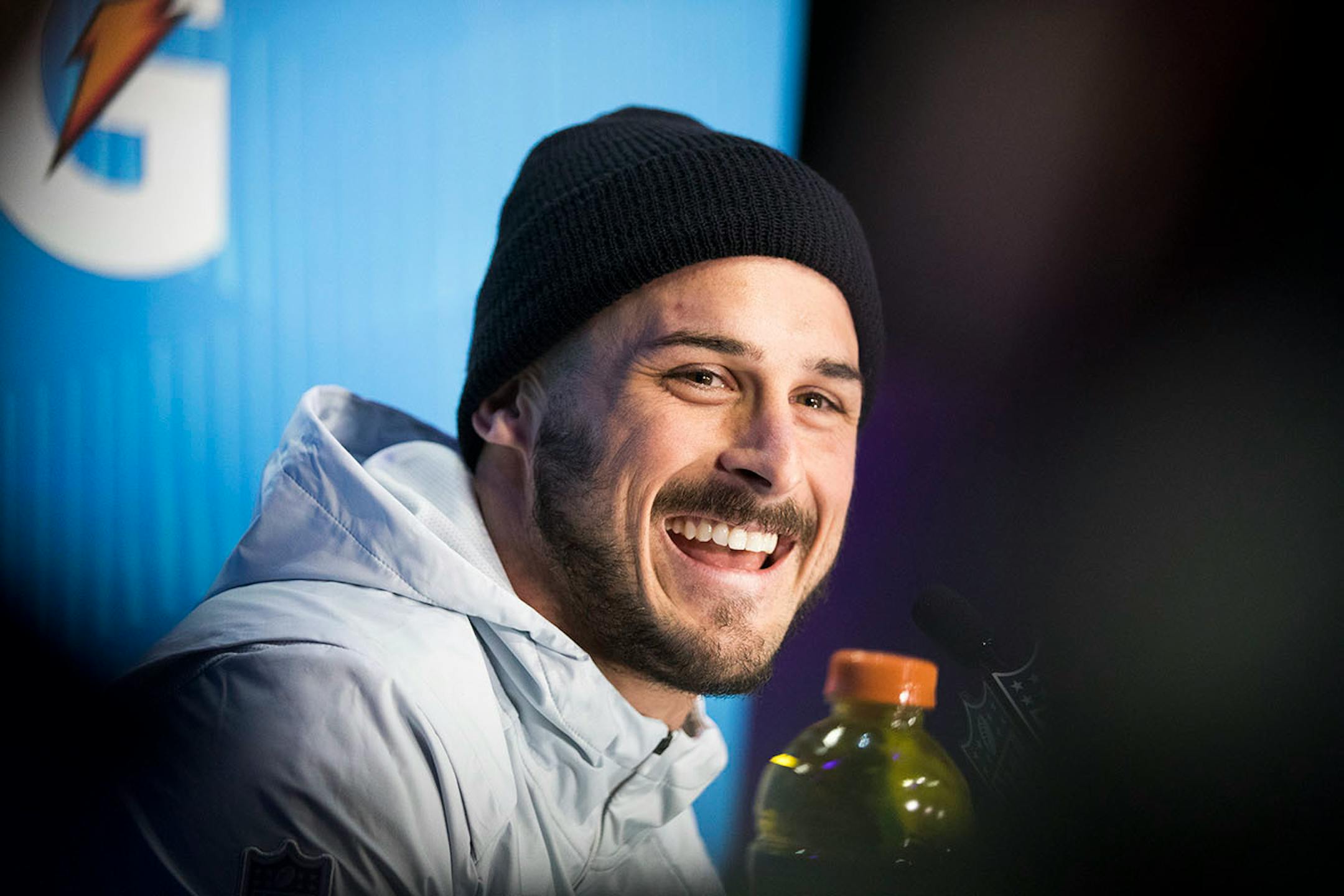 Danny Amendola of the New England Patriots talks to the media.