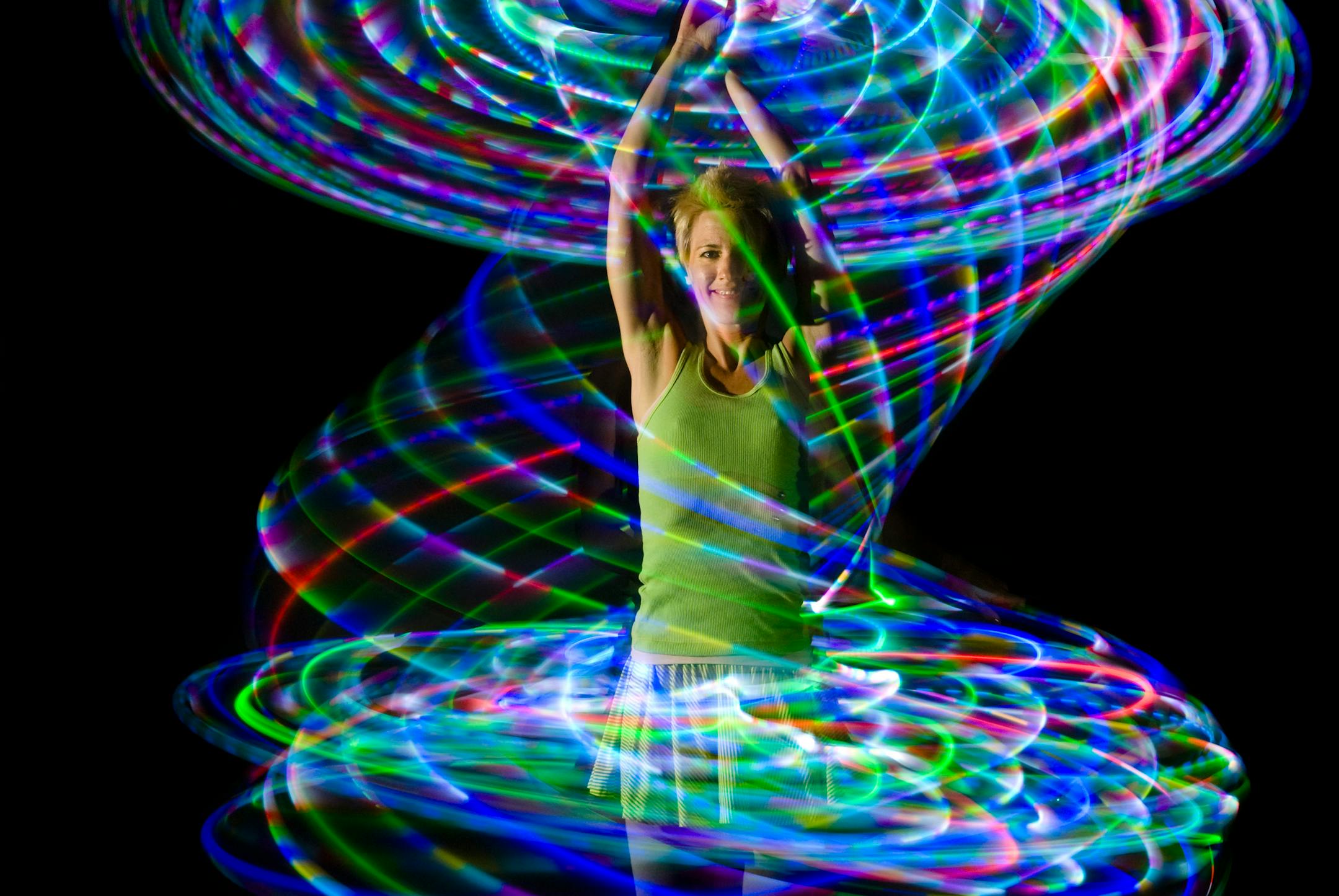 Jessica Bessette with a hula hoop made especially for her which lights up and changes color.