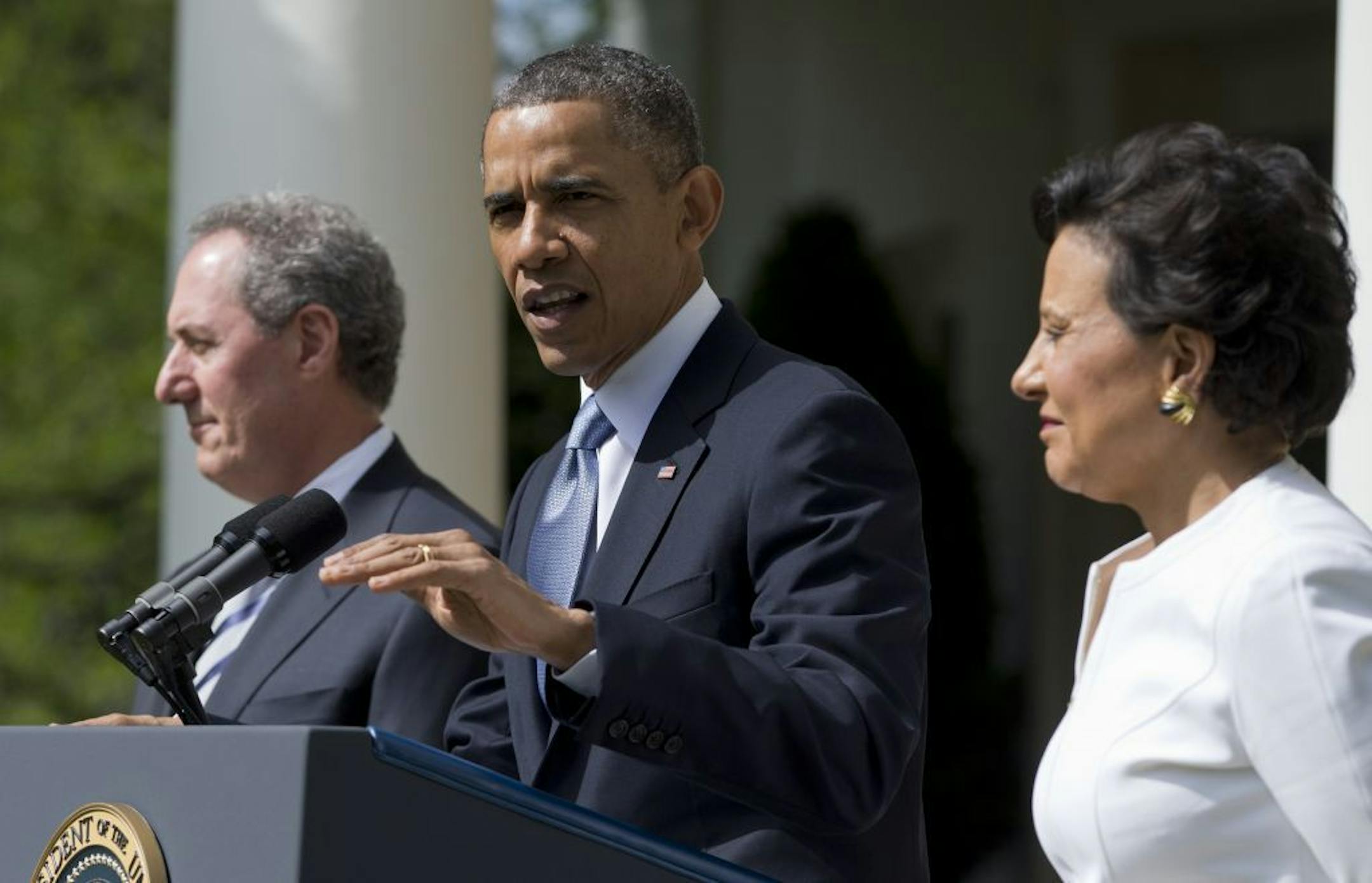 President Barack Obama announces during a news conference in the Rose Garden of the White House, Thursday, May 2, 2013, in Washington, that he will nominate longtime fundraiser and philanthropist Penny Pritzker, right, to run the Commerce Department and economic adviser Michael Froman, left, as the next U.S. Trade Representative.