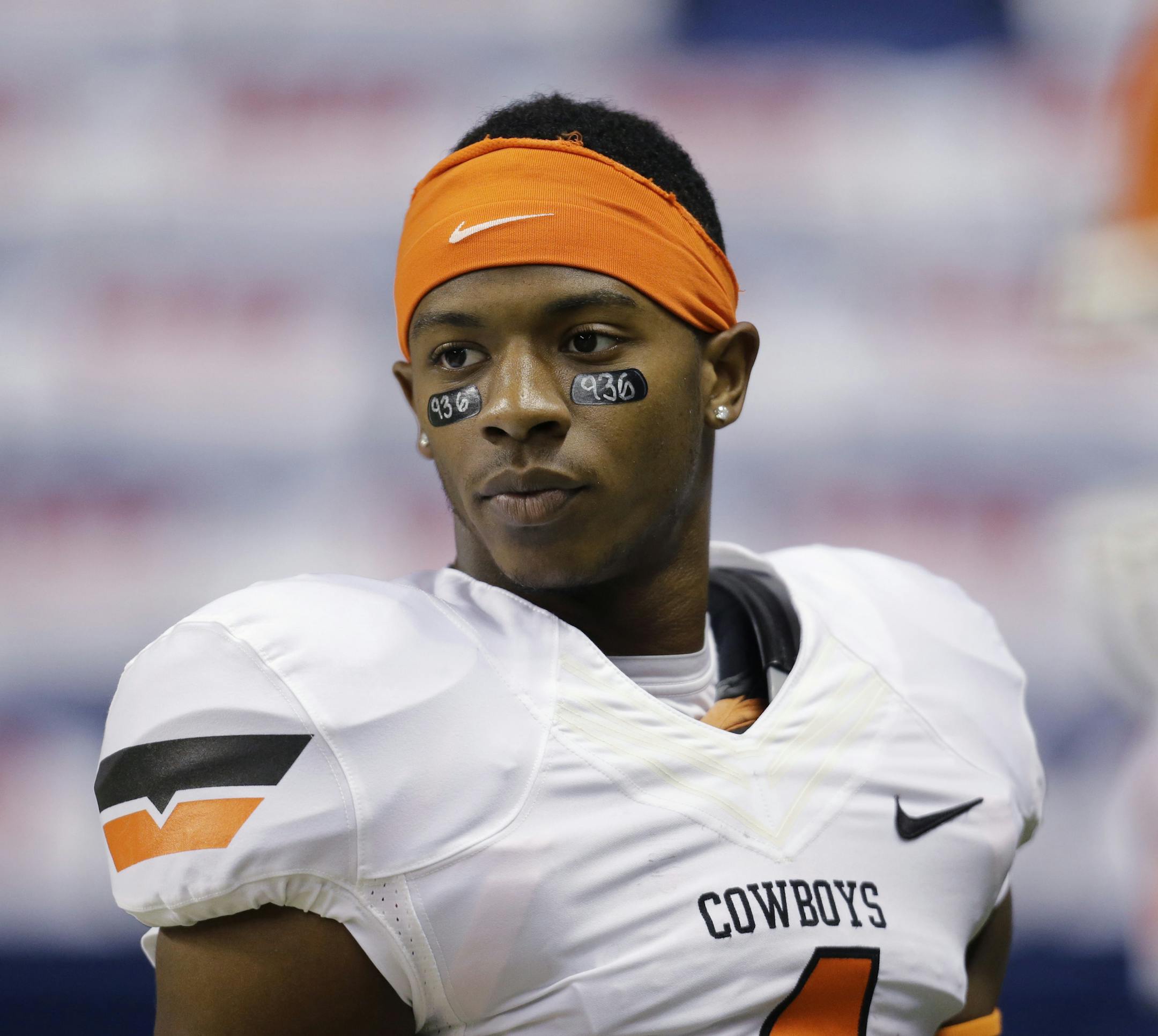 Oklahoma State's Justin Gilbert goes through drills prior to an NCAA college football game against Texas San Antonio, Saturday, Sept. 7, 2013, in San Antonio. (AP Photo/Eric Gay) ORG XMIT: OTK