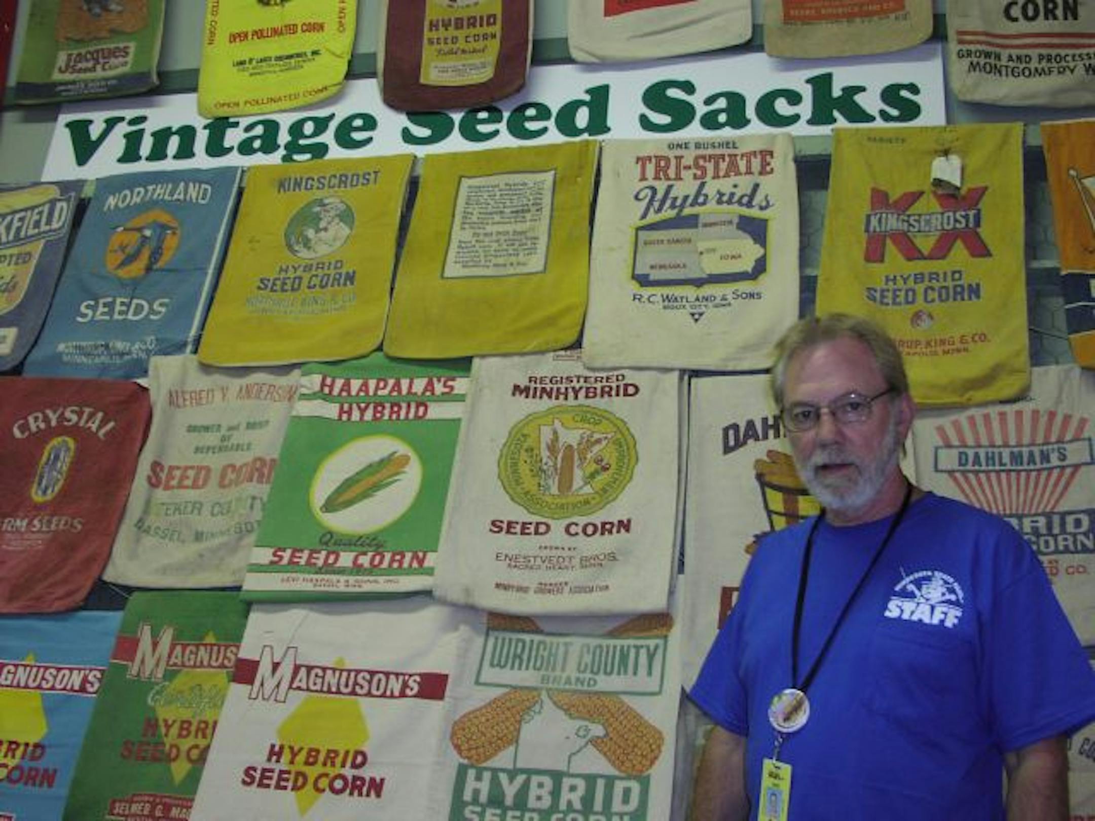 Ron Kelsey shows off part of his collection of grain and flour sacks at the Minnesota State Fair. His favorite: "It's my oldest, from Sears Roebuck and Company."