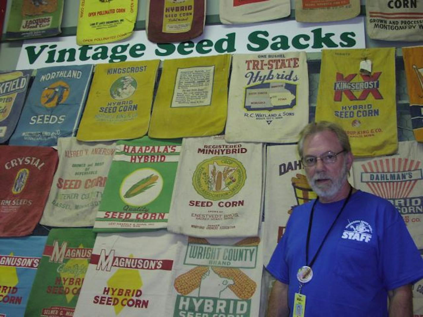 Ron Kelsey shows off part of his collection of grain and flour sacks at the Minnesota State Fair. His favorite: "It's my oldest, from Sears Roebuck and Company."