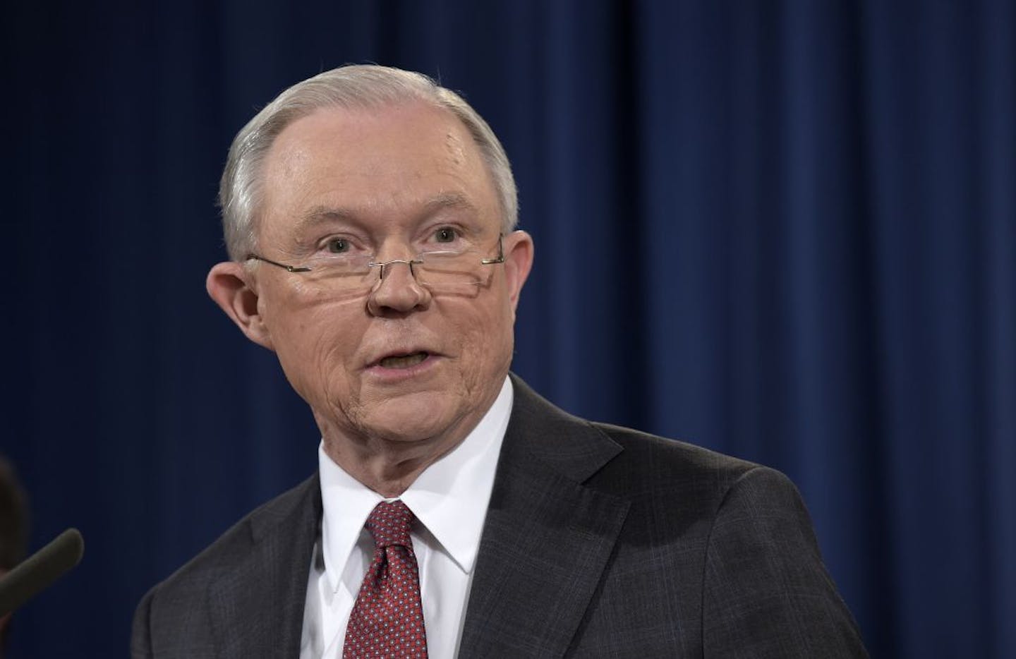 Attorney General Jeff Sessions speaks at the Justice Department in Washington, Thursday, March 2, 2017.