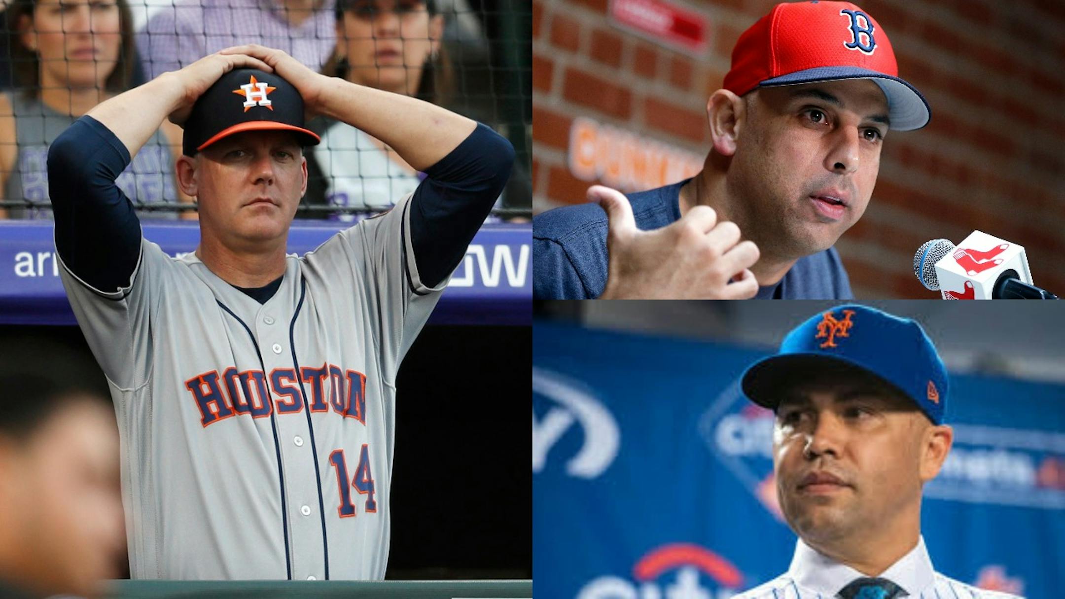 Three managers (clockwise from left) -- the Astros' A.J. Hinch, the Red Sox's Alex Cora and the Mets' Carlos Beltran -- have been fired for their association with a cheating scandal.