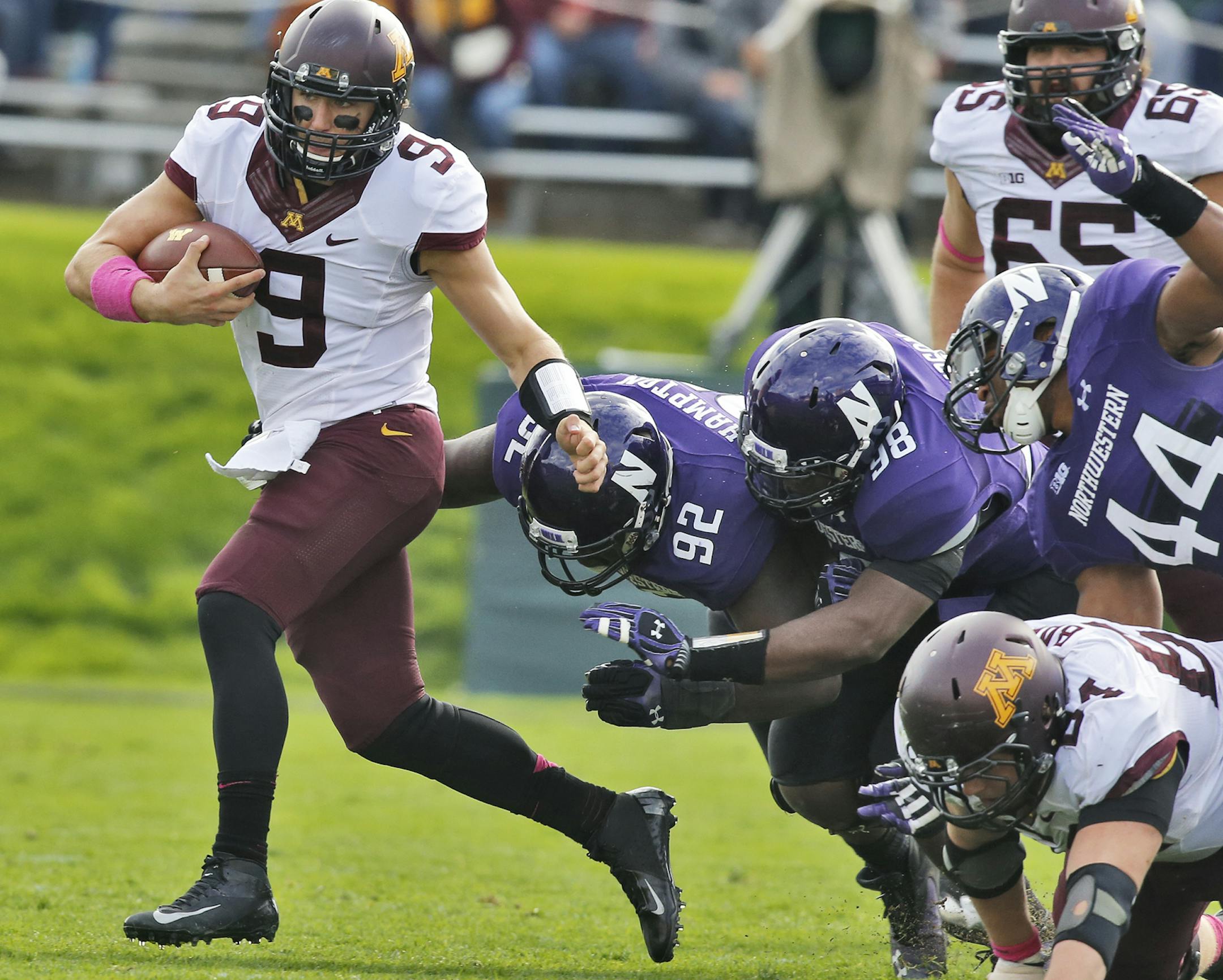 Gophers quarterback Philip Nelson (9) hasn’t thrown an interception since a Sept. 28 loss to Iowa. Since that game, he’s thrown seven touchdown passes and run for three more. MARLIN LEVISON mlevison@startribune.com