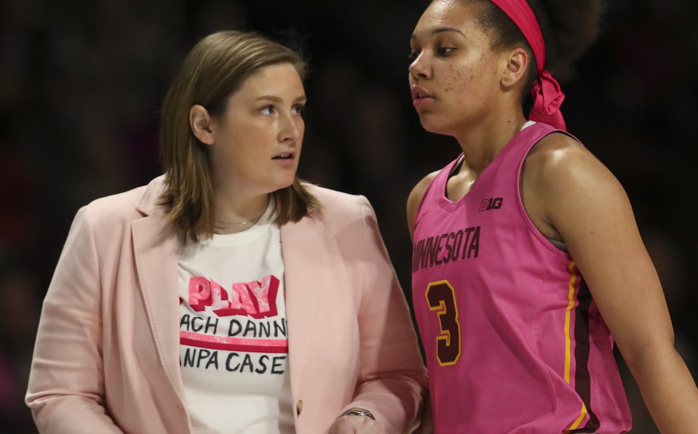 Gophers head coach Lindsay Whalen spoke with Gophers guard/forward Destiny Pitts (3) when she took her out of the game with Minnesota ahead by 30 points in the fourth quarter. ] JEFF WHEELER &#x2022; jeff.wheeler@startribune.com The University of Minnesota women's basketball team outplayed Penn State 97-67 in an NCAA basketball game Sunday afternoon, February 17, 2019 at Williams Arena in Minneapolis.