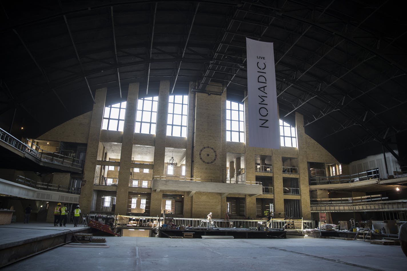 The main floor and DJ stage under construction at the Minneapolis Armory in Minneapolis, Minn., on July 27, 2017. ] RENEE JONES SCHNEIDER &#x2022; renee.jones@startribune.com