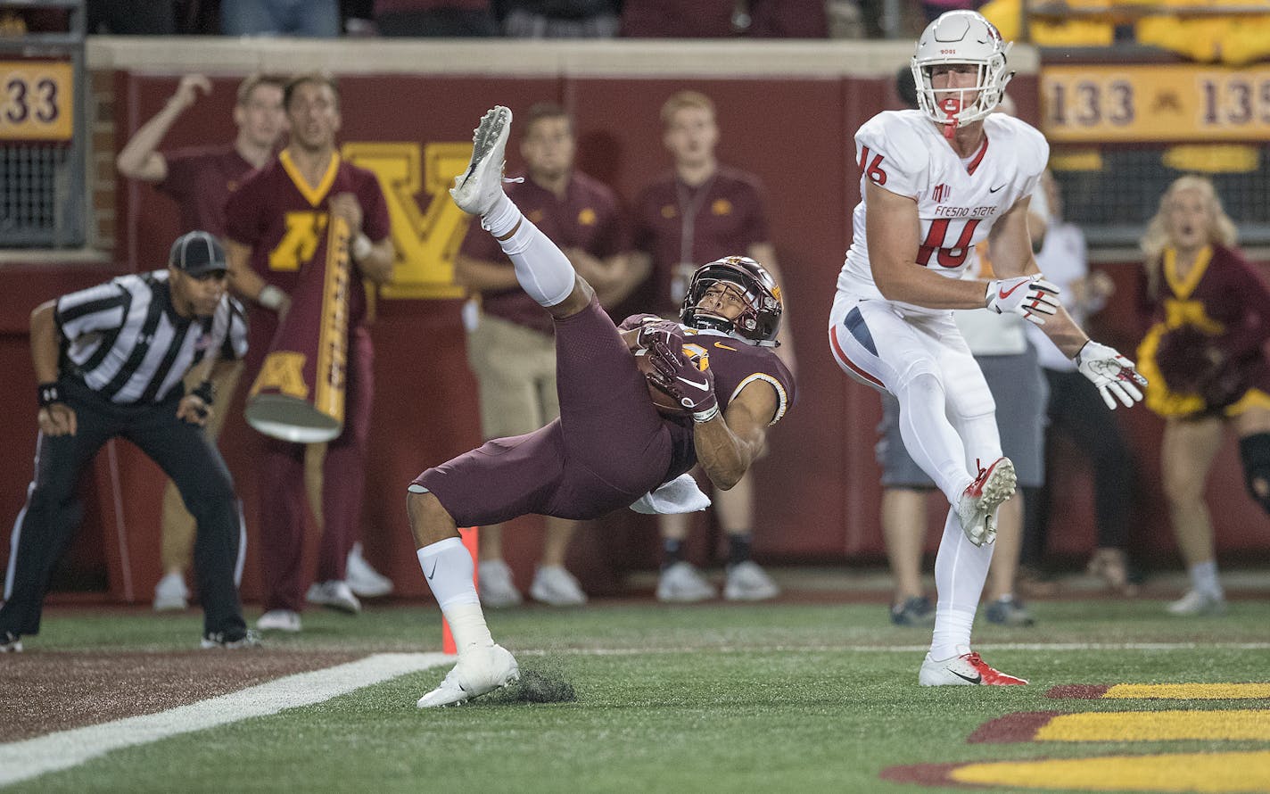 Antoine Winfield Jr. intercepted the ball in the end zone from Fresno State's tight end Jared Rice to save the game in the fourth quarter Saturday at TCF Bank Stadium.