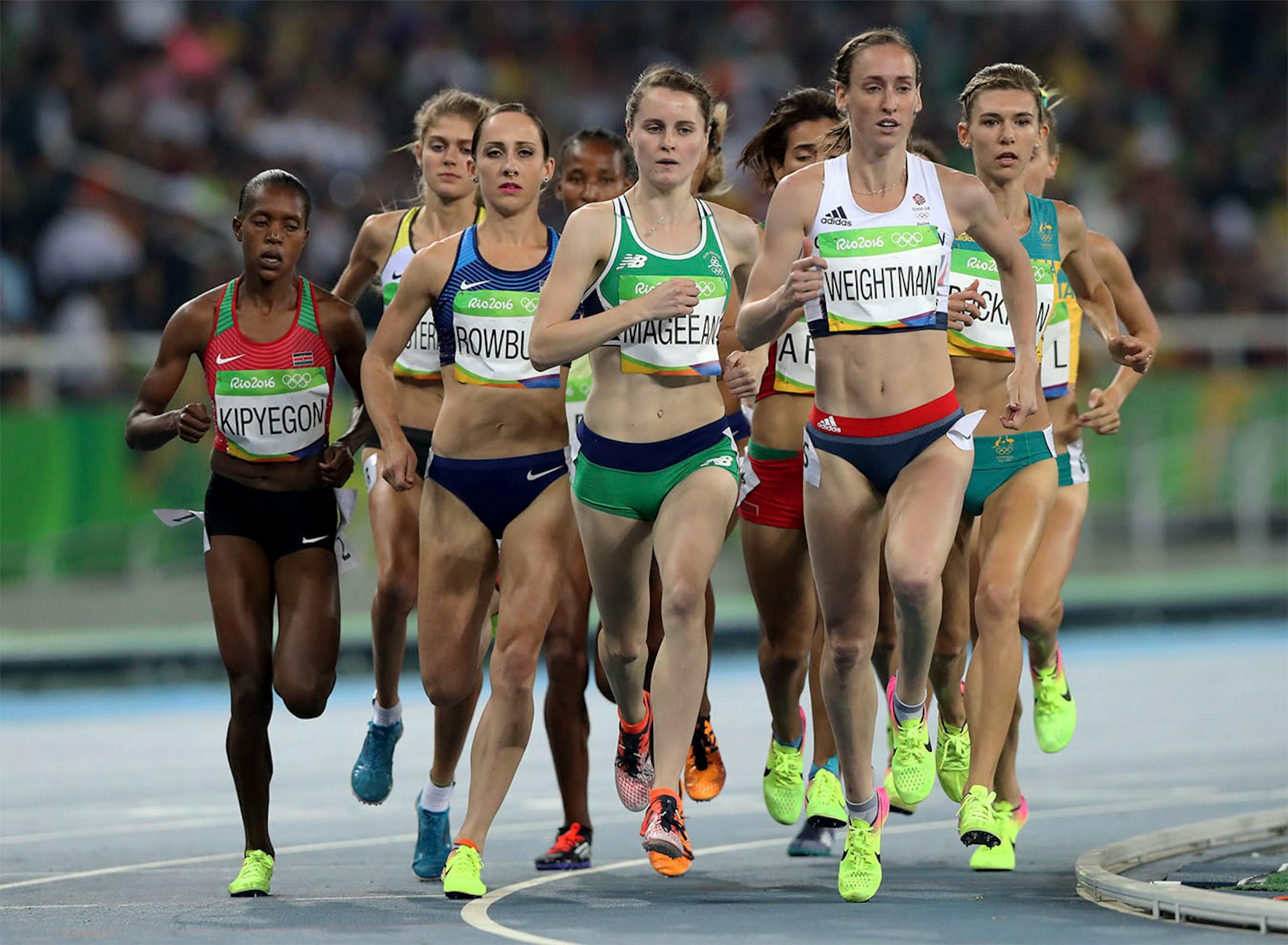 Athletes compete in a women's 1500-meter semifinal during the athletics competitions of the 2016 Summer Olympics at the Olympic stadium in Rio de Janeiro, Brazil, Sunday, Aug. 14, 2016.