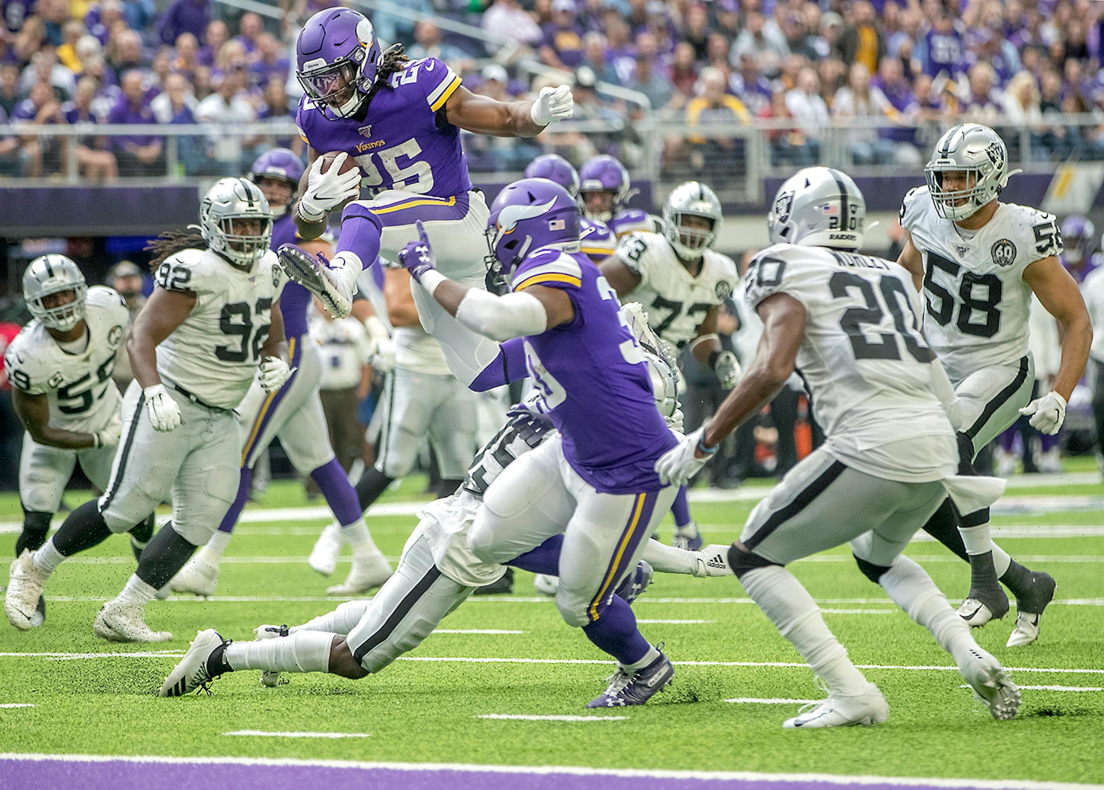 Vikings running back Alexander Mattison hurdled over the Raiders defense for a first career touchdown in third quarter.