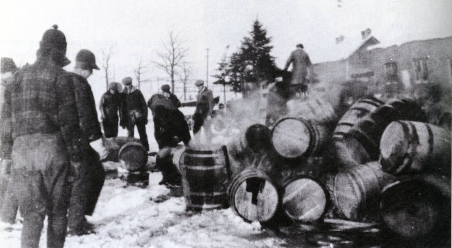 The border town of Ranier, Minn., was a center of bootlegging during Prohibition. Townspeople gathered after the Great Whiskey Raid of 1932.