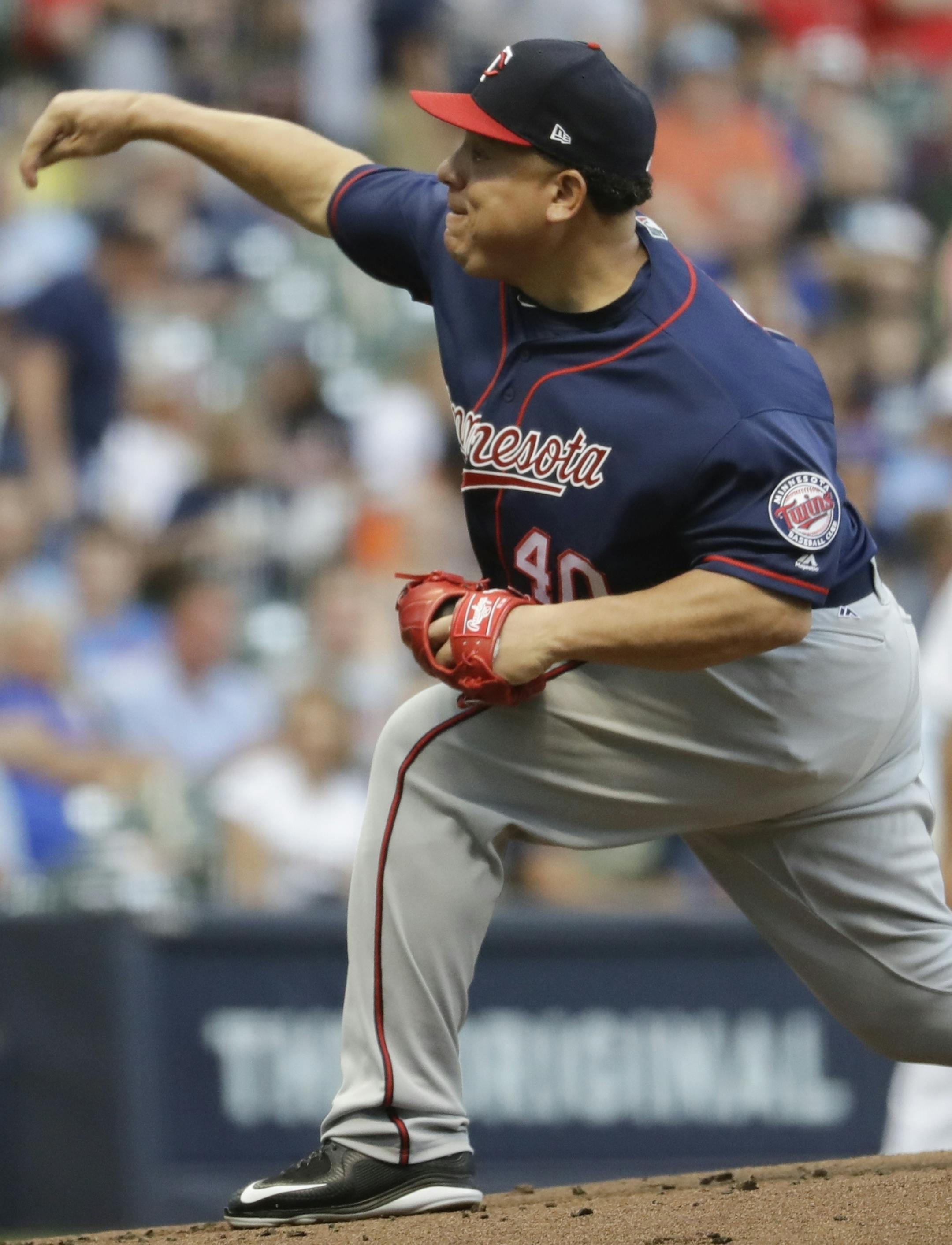 Minnesota Twins starting pitcher Bartolo Colon throws during the first inning of a baseball game Wednesday, Aug. 9, 2017, in Milwaukee. (AP Photo/Morry Gash)