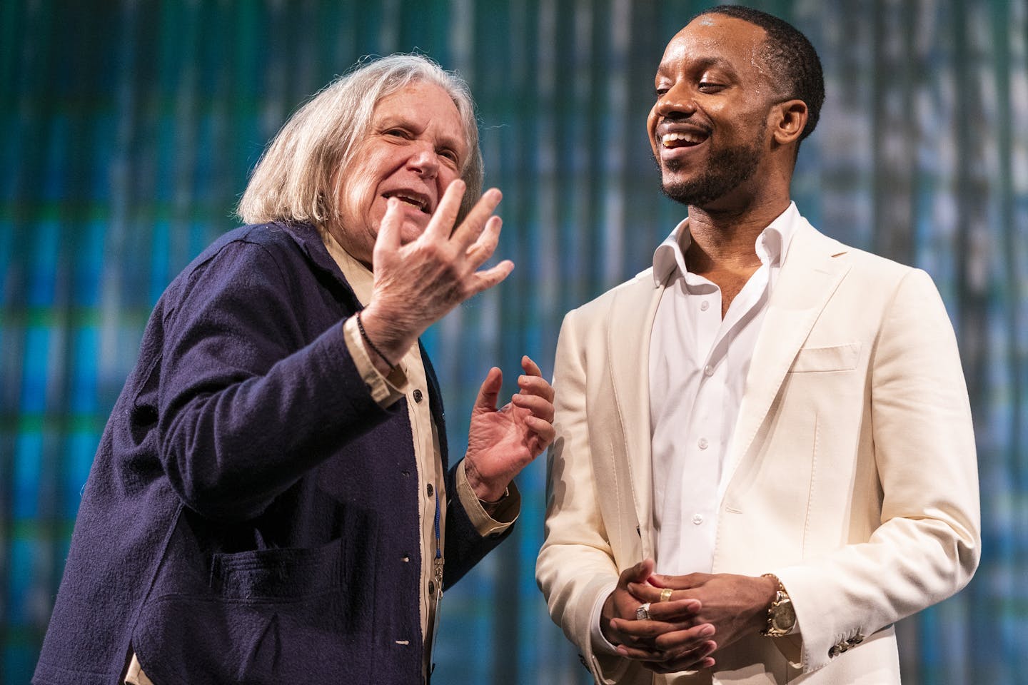 Director Anne Bogart talked with actor Donnell E. Smith, who plays Pentheus, during rehearsal of "The Bacchae."