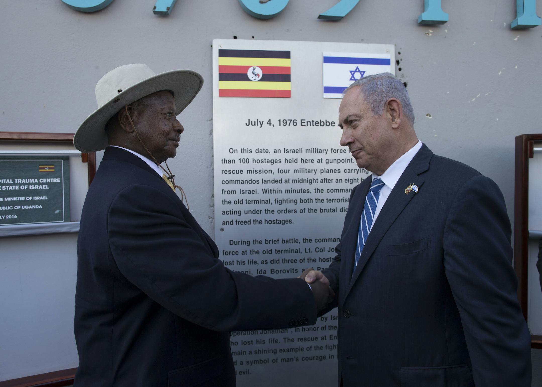 Israeli Prime Minister Benjamin Netanyahu and Ugandan President Yoweri Museveni at the old Entebbe airport, during a ceremony commemorating the 40-year anniversary of the Entebbe raid, in Uganda, July 4, 2016. His brother Yonatan, an Israeli commando, was killed in the raid. The prime minister set off early Monday to attend the ceremony, and to push Israel’s interests on a continent that is ripe for investment and that Israel sees as a much-needed ally in an increasingly hostile world. (U