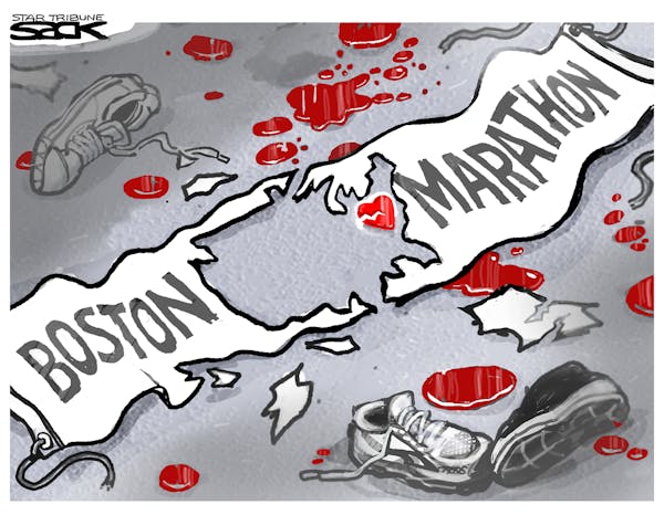 Steve Sack editorial cartoon for April 17, 2013. Topic: Deadly Boston Marathon attack.