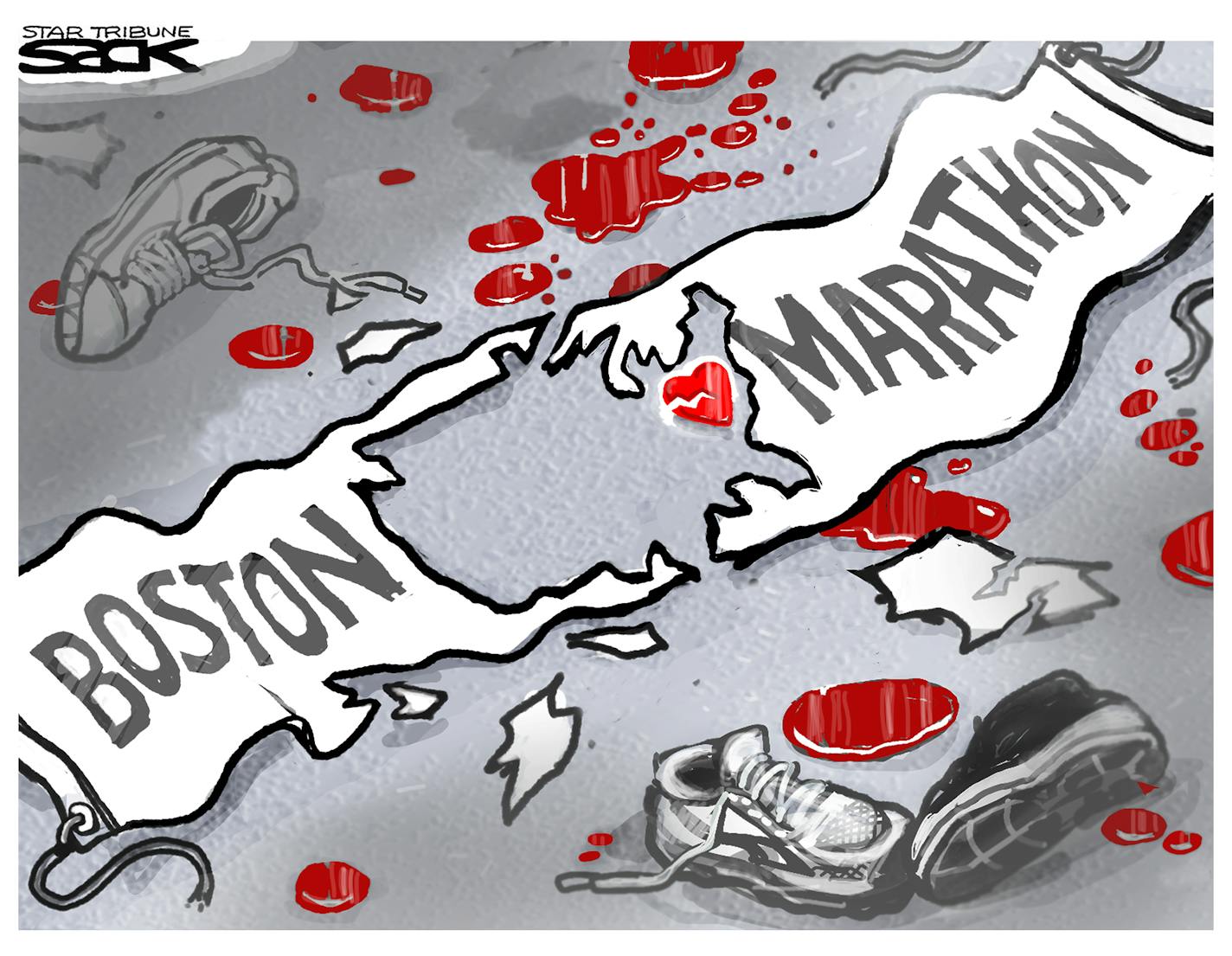 Steve Sack editorial cartoon for April 17, 2013. Topic: Deadly Boston Marathon attack.