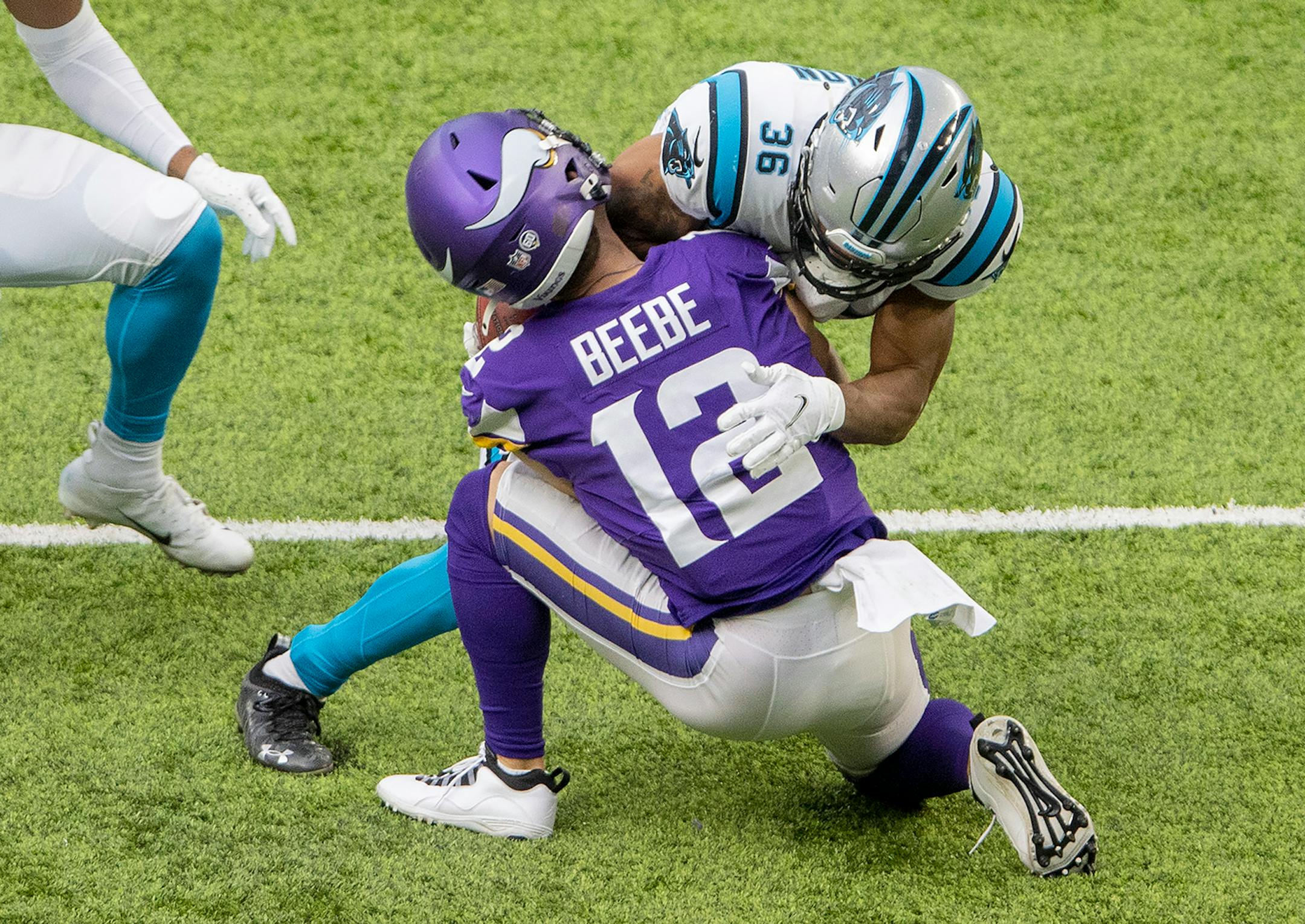 Carolina Panthers was called for a penalty after a hit on Minnesota Vikings punt returner Chad Beebe (12) in the first quarter.