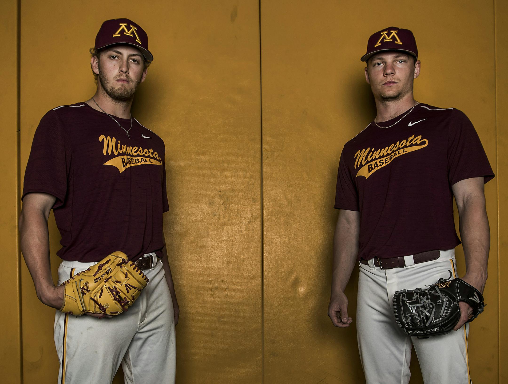 Minnesota Gophers Gophers pitchers Lucas Gilbreath (43) and Brian Glowicki (19). ] CARLOS GONZALEZ &#xef; cgonzalez@startribune.com - April 19, 2017, Minneapolis, MN, University of Minnesota Gophers Baseball Pitchers Lucas Gilbreath (43) and Brian Glowicki (19)