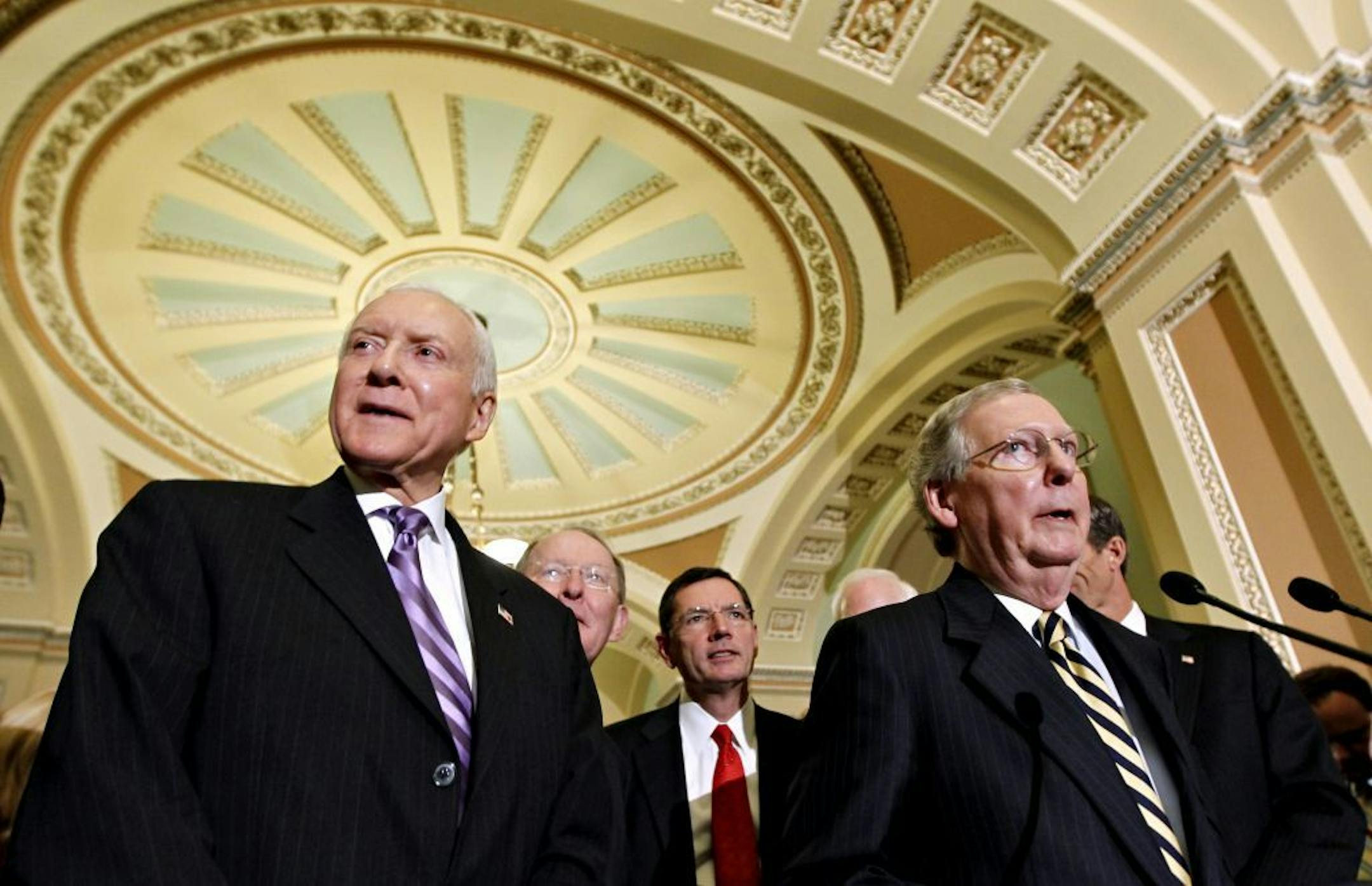 From left, Sen. Orrin Hatch, R-Utah, Sen. Lamar Alexander, R-Tenn., Sen. John Barrasso, R-Wyo. , Sen. John Cornyn, R-Texas, Senate Minority Leader Mitch McConnell of Ky., and Sen. John Thune, R-S.D., take part in a news conference on Capitol Hill in Washington, Wednesday, Oct. 12, 2011.