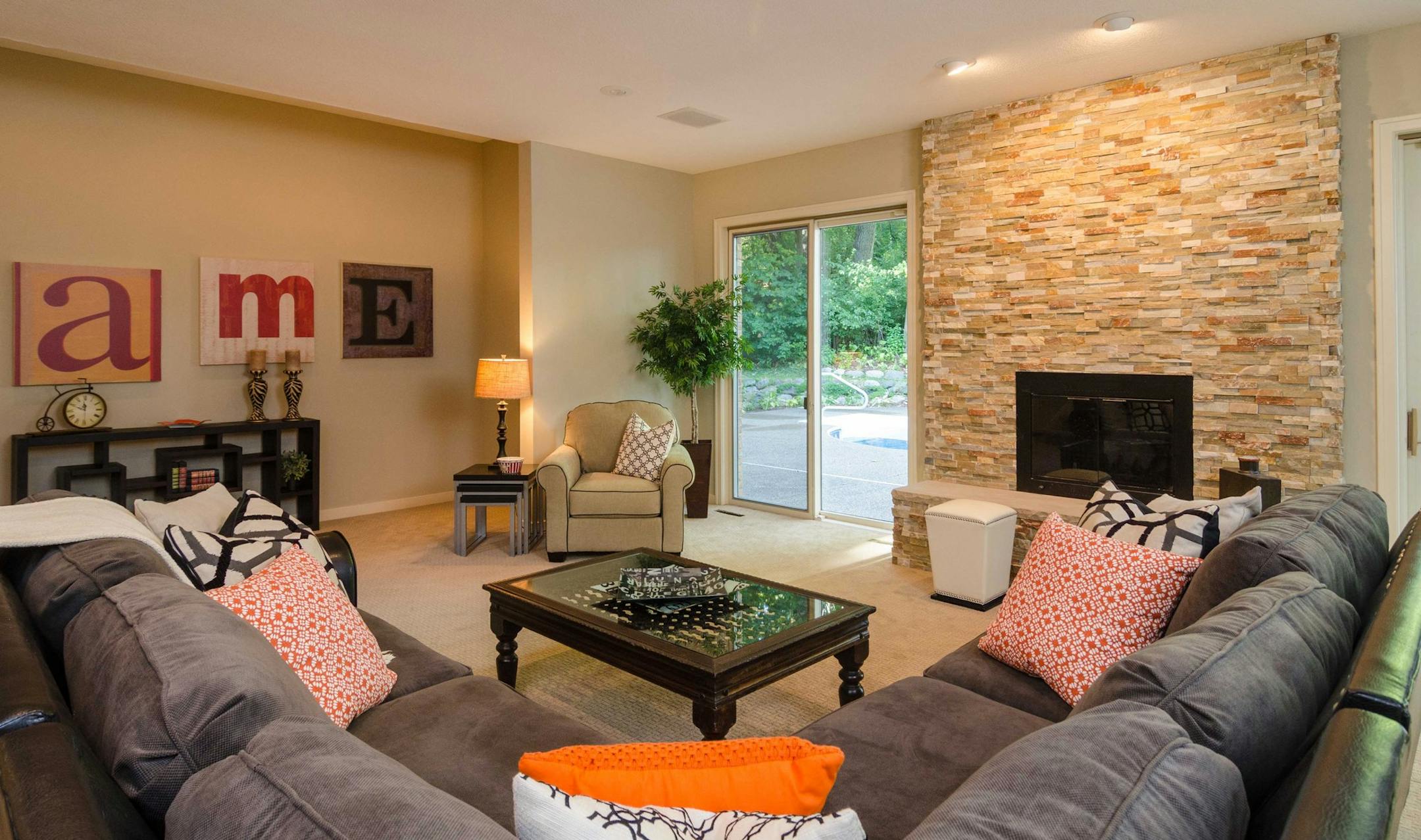 Hearthtone/John Walsh Lower level family room in remodeled home on Ringer Road in Minnetonka