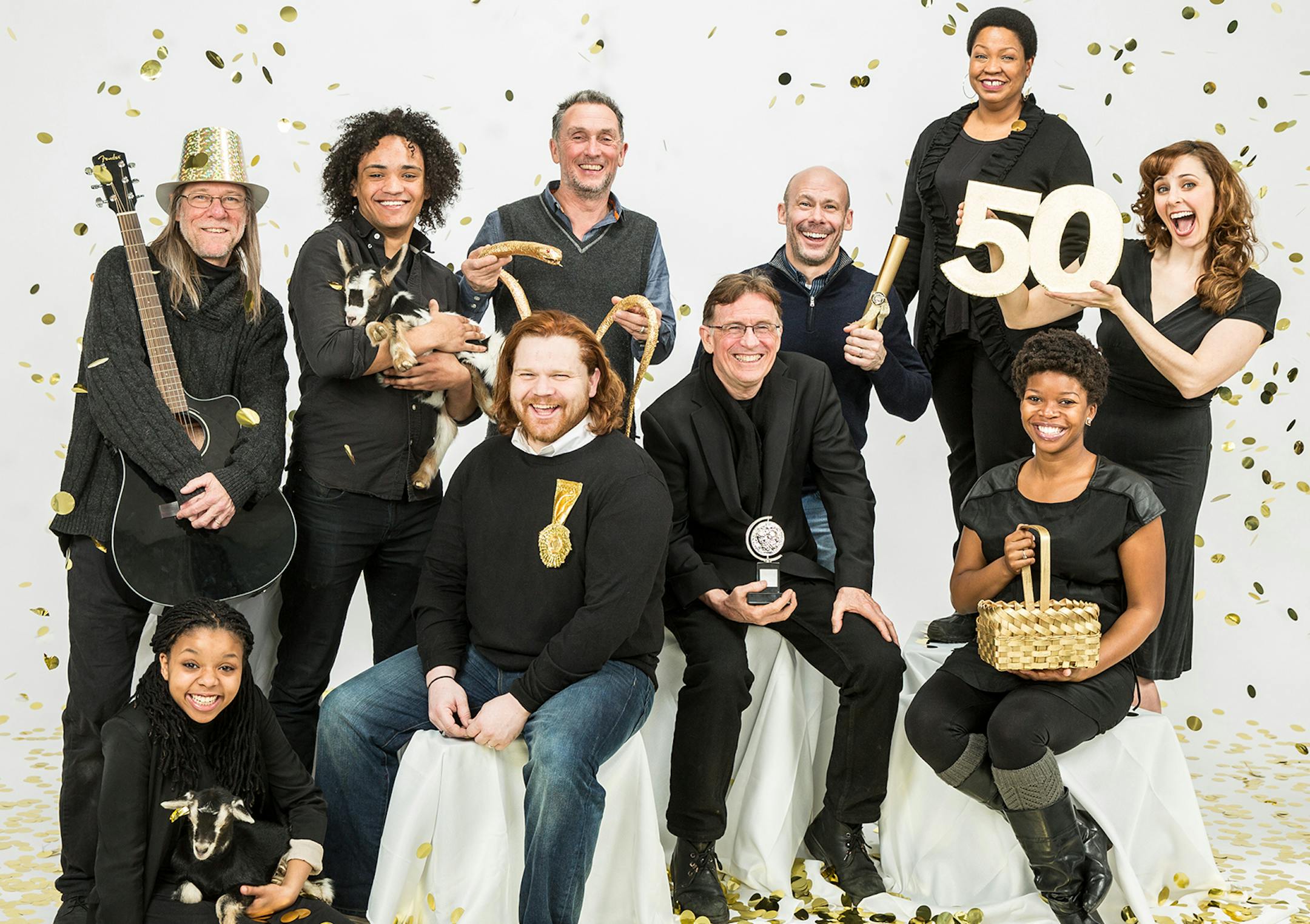 Some key figures for Children’s Theatre, from left: Victor Zupanc (resident composer), Johannah Easley (Akeelah in “Akeelah and the Bee”), Nathan Barlow (“Akeelah and the Bee”), Reed Sigmund (seated, acting company), Greg Banks (“The Jungle Book” director), Peter Brosius (seated, artistic director), Dean Holt (acting company), Aimee K. Bryant (“Akeelah and the Bee”), Traci Allen Shannon (acting company) and Autumn Ness (acting compan