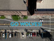 A freshly-painted “Go Wolves” message along 1st Avenue between 5th and 6th streets near Target Center on Thursday. The painting was completed over