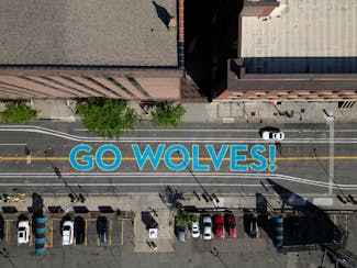 A freshly painted “Go Wolves” message along 1st Avenue N. between 5th and 6th streets near Target Center on Thursday. The painting was completed o